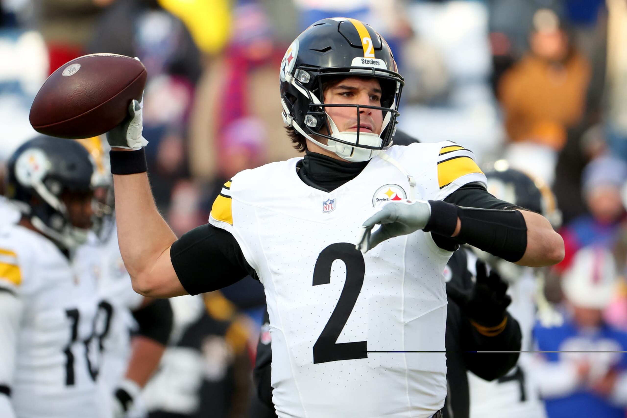 ORCHARD PARK, NEW YORK - JANUARY 15: Mason Rudolph #2 of the Pittsburgh Steelers warms up before the game against the Buffalo Bills at Highmark Stadium on January 15, 2024 in Orchard Park, New York. (Photo by Timothy T Ludwig/Getty Images)
