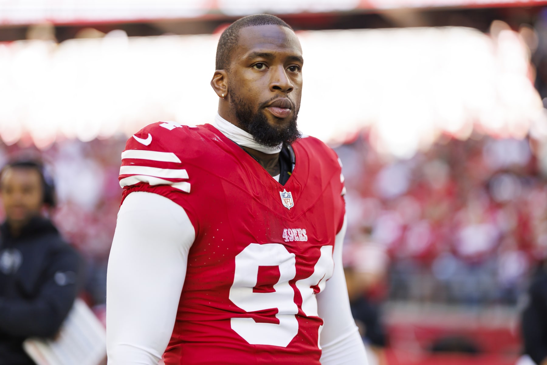 GLENDALE, ARIZONA - DECEMBER 17: Clelin Ferrell #94 of the San Francisco 49ers looks on from the sideline before an NFL football game against the Arizona Cardinals at State Farm Stadium on December 17, 2023 in Glendale, Arizona. (Photo by Ryan Kang/Getty Images)