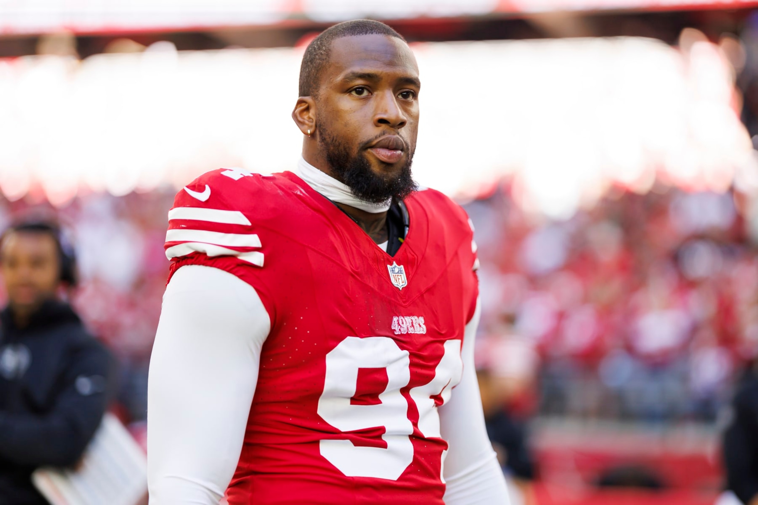GLENDALE, ARIZONA - DECEMBER 17: Clelin Ferrell #94 of the San Francisco 49ers looks on from the sideline before an NFL football game against the Arizona Cardinals at State Farm Stadium on December 17, 2023 in Glendale, Arizona. (Photo by Ryan Kang/Getty Images)