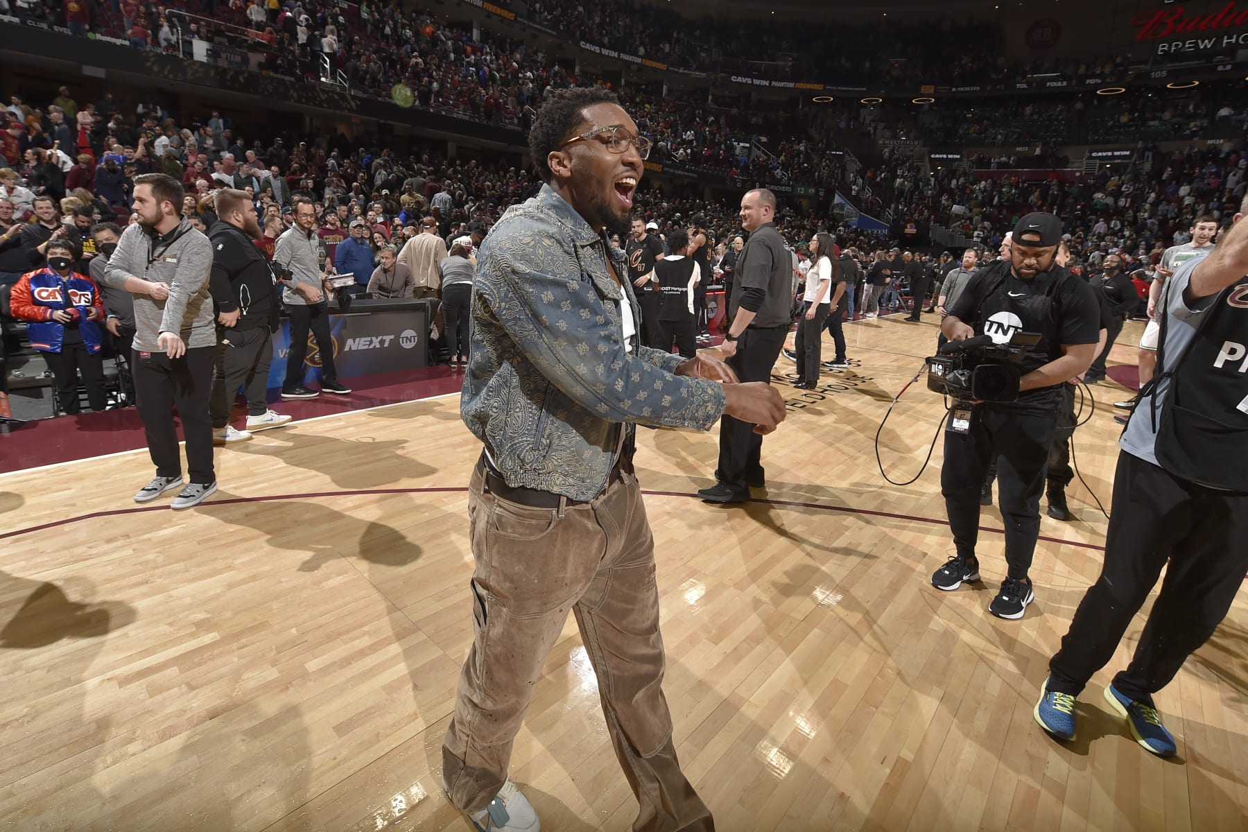 CLEVELAND, OH - MARCH 5: Donovan Mitchell #45 of the Cleveland Cavaliers celebrates after the game against the Boston Celtics on March 5, 2024 at Rocket Mortgage FieldHouse in Cleveland, Ohio. NOTE TO USER: User expressly acknowledges and agrees that, by downloading and/or using this Photograph, user is consenting to the terms and conditions of the Getty Images License Agreement. Mandatory Copyright Notice: Copyright 2024 NBAE (Photo by David Liam Kyle/NBAE via Getty Images)