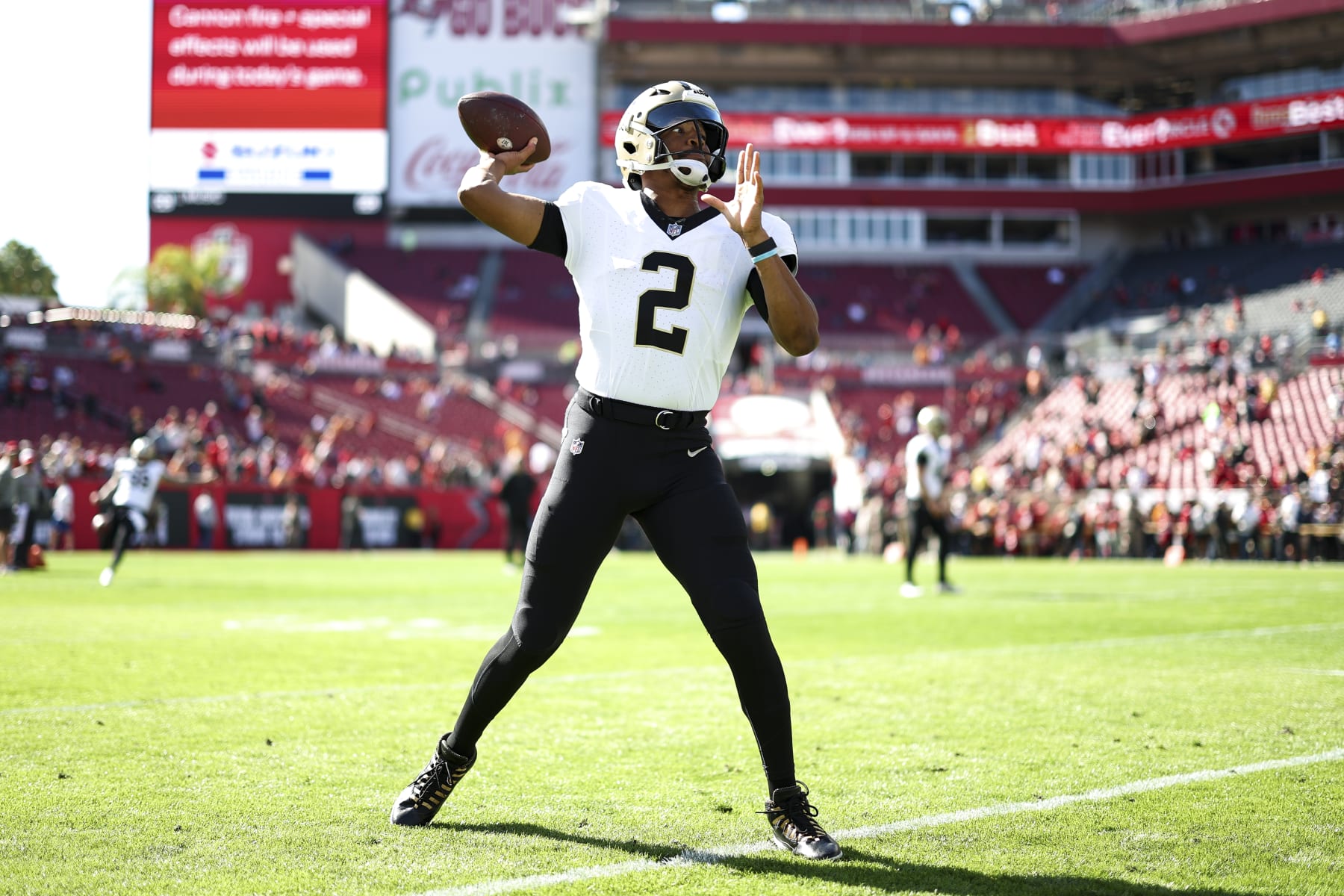 TAMPA, FL - DECEMBER 31: Jameis Winston #2 of the New Orleans Saints warms up prior to an NFL football game against the Tampa Bay Buccaneers at Raymond James Stadium on December 31, 2023 in Tampa, Florida. (Photo by Kevin Sabitus/Getty Images) TAMPA, FL - DECEMBER 31: Jameis Winston #2 of the New Orleans Saints warms up prior to an NFL football game against the Tampa Bay Buccaneers at Raymond James Stadium on December 31, 2023 in Tampa, Florida. (Photo by Kevin Sabitus/Getty Images)