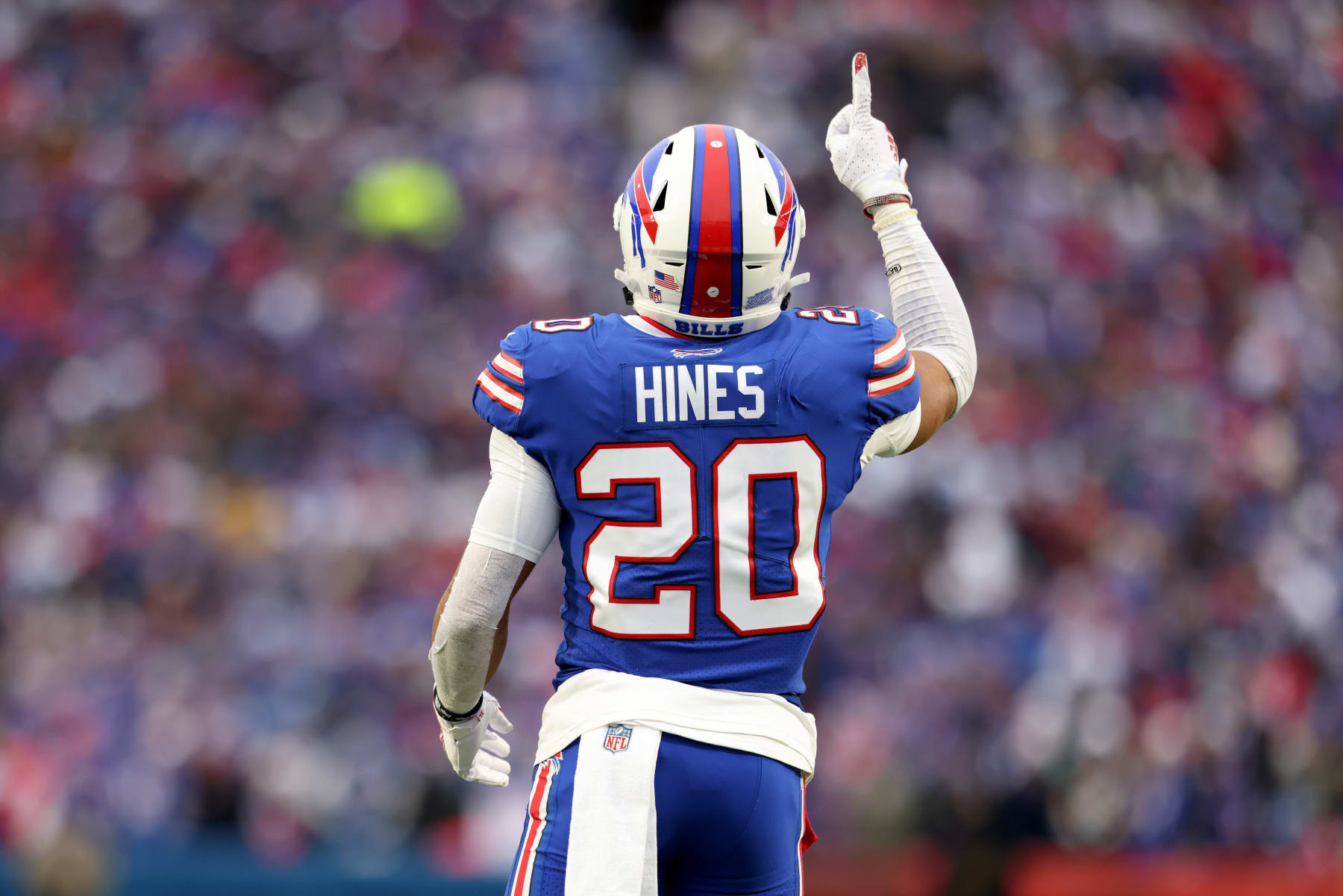 ORCHARD PARK, NEW YORK - JANUARY 08: Nyheim Hines #20 of the Buffalo Bills signals during the third quarter against the New England Patriots at Highmark Stadium on January 08, 2023 in Orchard Park, New York. (Photo by Bryan Bennett/Getty Images) ORCHARD PARK, NEW YORK - JANUARY 08: Nyheim Hines #20 of the Buffalo Bills signals during the third quarter against the New England Patriots at Highmark Stadium on January 08, 2023 in Orchard Park, New York. (Photo by Bryan Bennett/Getty Images)