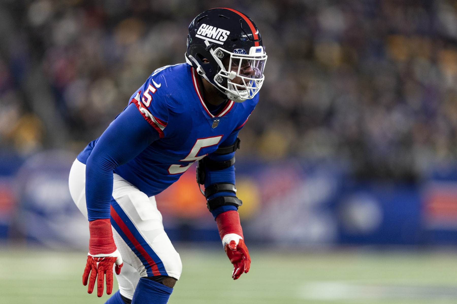 EAST RUTHERFORD, NEW JERSEY - DECEMBER 11: Kayvon Thibodeaux #5 of the New York Giants lines up during an NFL football game between the New York Giants and the Green Bay Packers at MetLife Stadium on December 11, 2023 in East Rutherford, New Jersey. (Photo by Michael Owens/Getty Images)