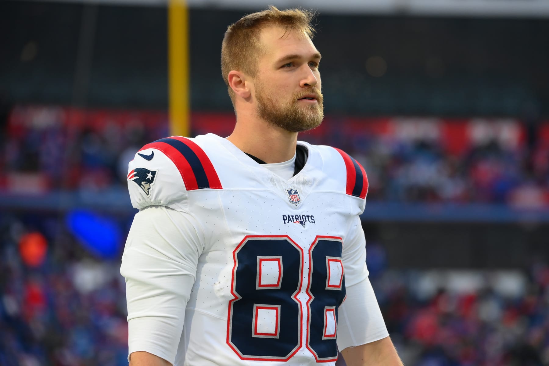 ORCHARD PARK, NEW YORK - DECEMBER 31: Mike Gesicki #88 of the New England Patriots prior to the start of the second half against the Buffalo Bills at Highmark Stadium on December 31, 2023 in Orchard Park, New York. The Bills won 27-21. (Photo by Rich Barnes/Getty Images)