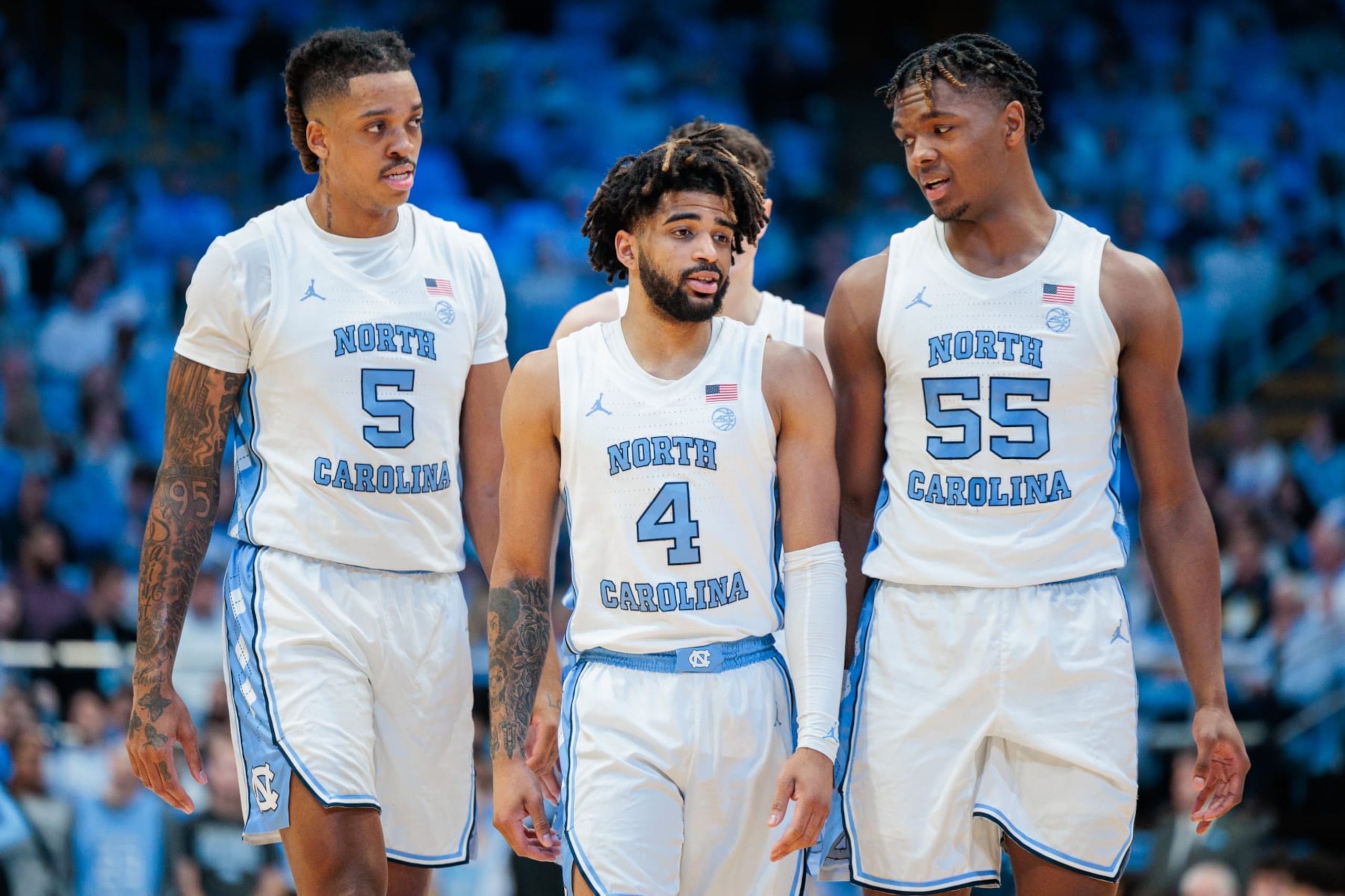 CHAPEL HILL, NORTH CAROLINA - DECEMBER 29: Armando Bacot #5, RJ Davis #4, and Harrison Ingram #55 of the North Carolina Tar Heels during a game against the Charleston Southern Buccaneers at Dean E. Smith Center on December 29, 2023 in Chapel Hill, North Carolina. (Photo by Ryan Hunt/Getty Images) CHAPEL HILL, NORTH CAROLINA - DECEMBER 29: Armando Bacot #5, RJ Davis #4, and Harrison Ingram #55 of the North Carolina Tar Heels during a game against the Charleston Southern Buccaneers at Dean E. Smith Center on December 29, 2023 in Chapel Hill, North Carolina. (Photo by Ryan Hunt/Getty Images)