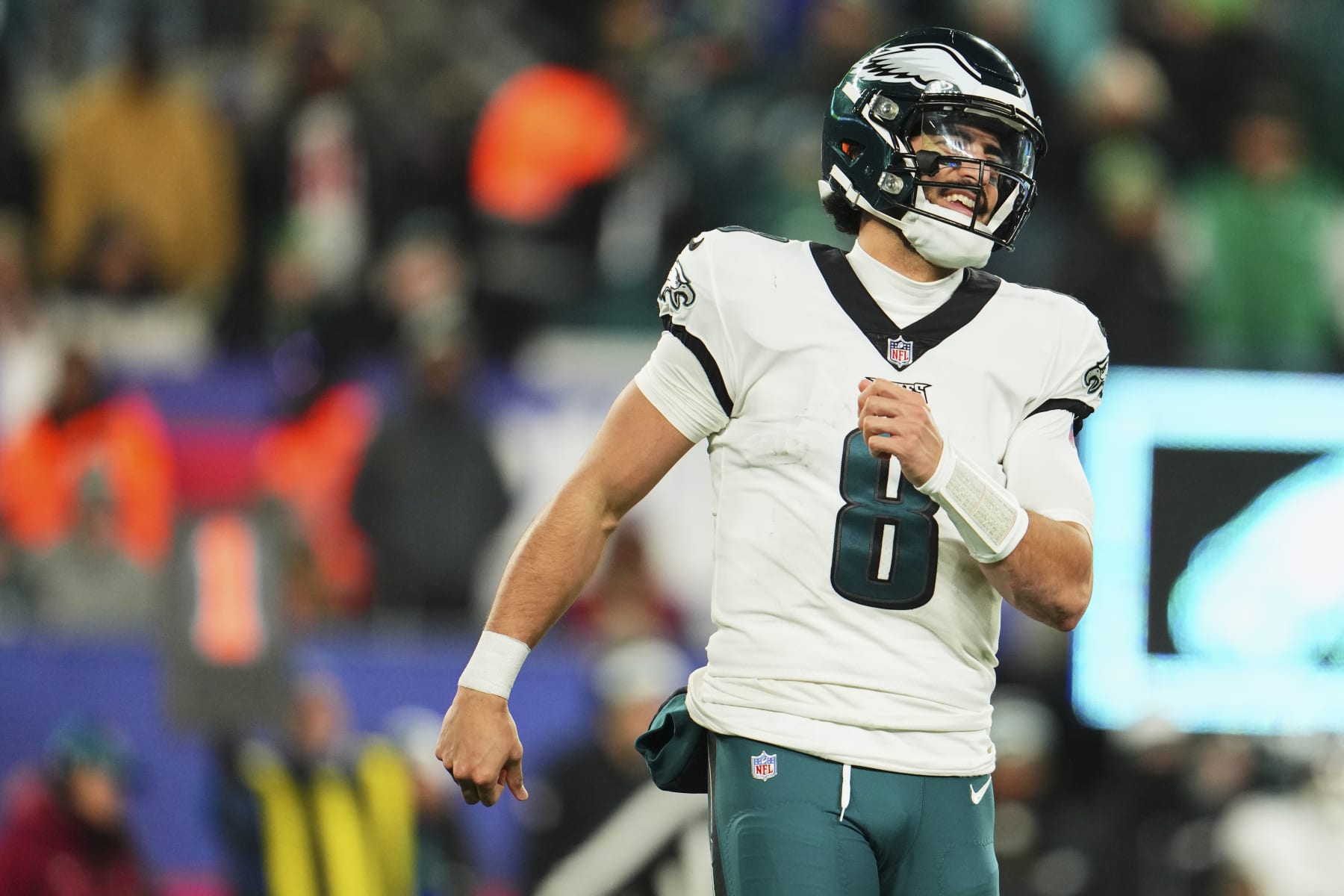 EAST RUTHERFORD, NJ - JANUARY 07: Marcus Mariota #8 of the Philadelphia Eagles smiles against the New York Giants during the second half at MetLife Stadium on January 7, 2024 in East Rutherford, New Jersey. (Photo by Cooper Neill/Getty Images)
