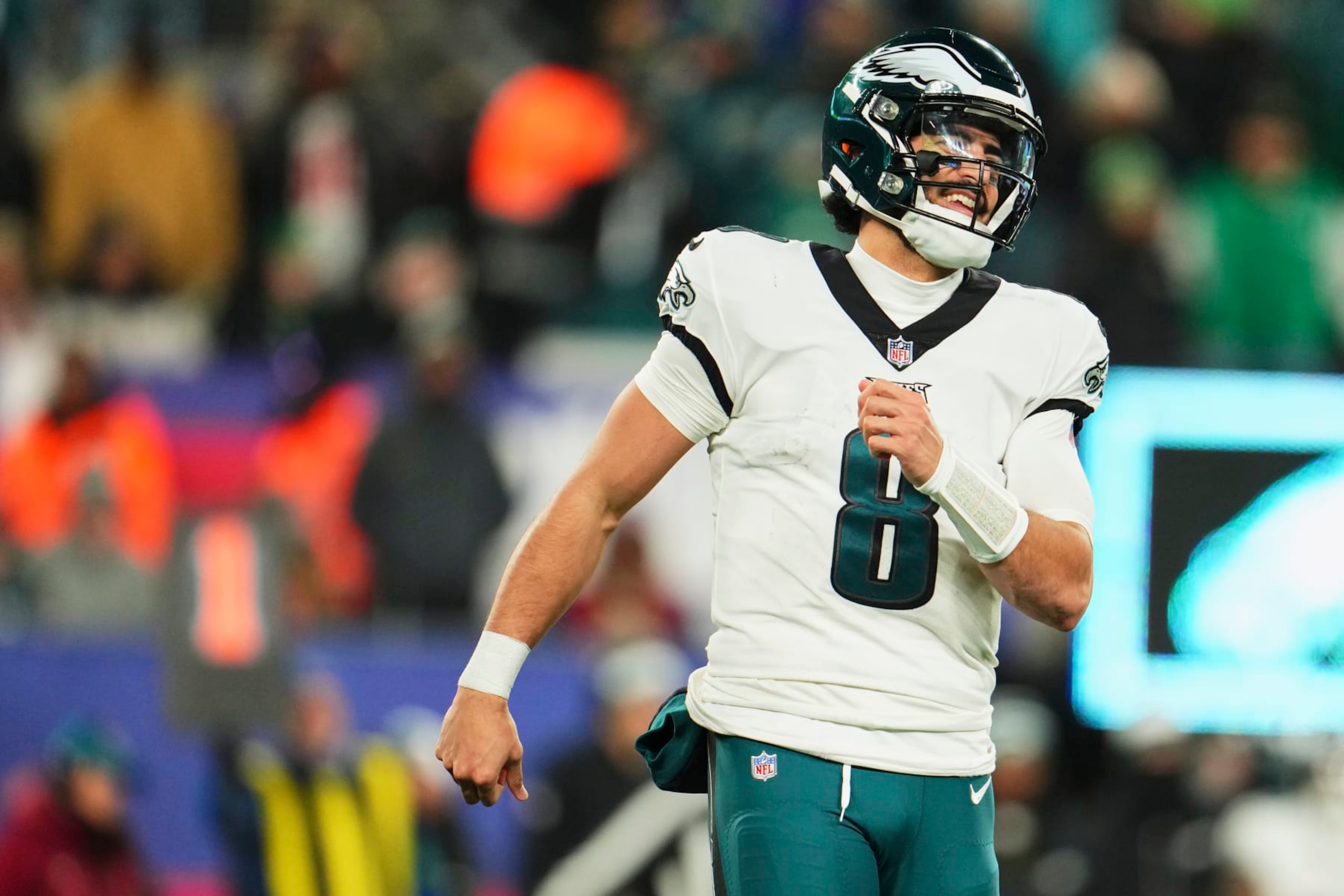 EAST RUTHERFORD, NJ - JANUARY 07: Marcus Mariota #8 of the Philadelphia Eagles smiles against the New York Giants during the second half at MetLife Stadium on January 7, 2024 in East Rutherford, New Jersey. (Photo by Cooper Neill/Getty Images)