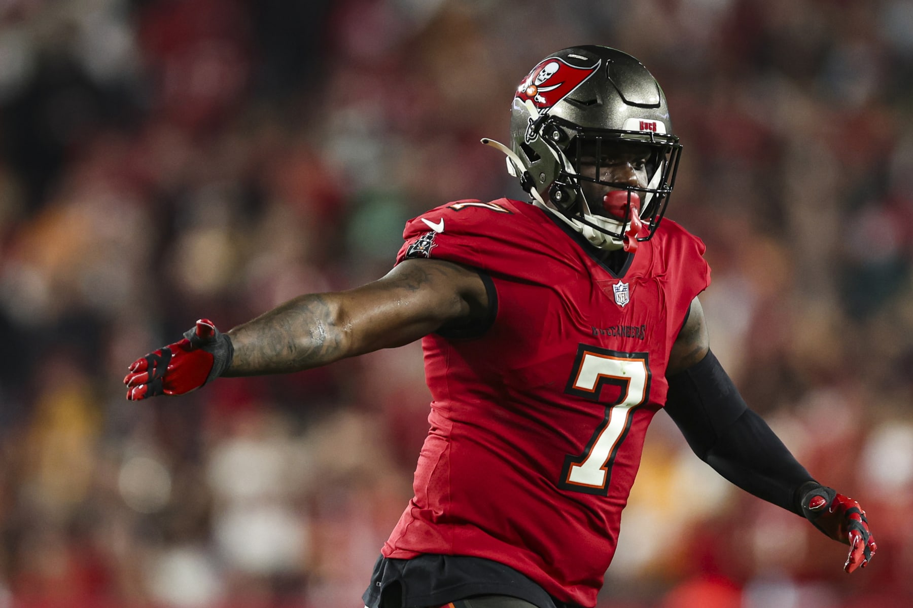 TAMPA, FL - JANUARY 15: Shaquil Barrett #7 of the Tampa Bay Buccaneers celebrates during an NFL Wild Card playoff football game against the Philadelphia Eagles at Raymond James Stadium on January 15, 2024 in Tampa, Florida. (Photo by Perry Knotts/Getty Images)