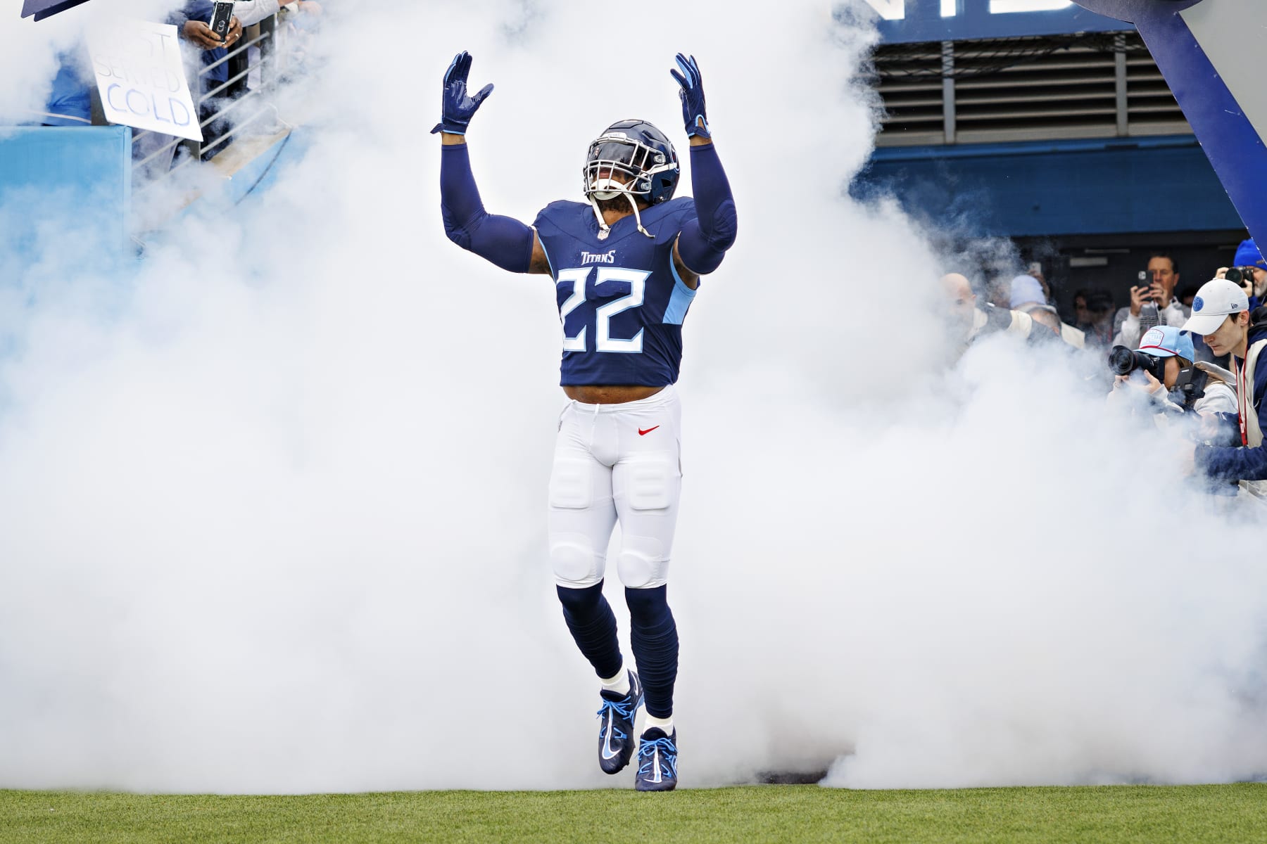 NASHVILLE TENNESSEE - JANUARY 07: Derrick Henry #22 of the Tennessee Titans during introductions before the game against the Jacksonville Jaguars in Nashville, Tennessee at Nissan Stadium on January 7, 2024 in Houston, Texas. The Titans defeated the Jaguars 28-20. (Photo by Wesley Hitt/Getty Images) NASHVILLE TENNESSEE - JANUARY 07: Derrick Henry #22 of the Tennessee Titans during introductions before the game against the Jacksonville Jaguars in Nashville, Tennessee at Nissan Stadium on January 7, 2024 in Houston, Texas. The Titans defeated the Jaguars 28-20. (Photo by Wesley Hitt/Getty Images)