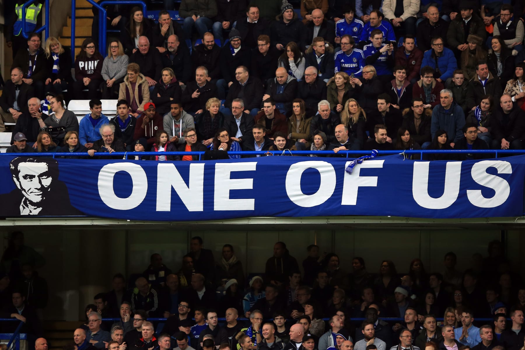 LONDON, ENGLAND - DECEMBER 26:  A banner depicting former manager Jose Mourinho hangs above the fans at Stamford Bridge during the Barclays Premier League match between Chelsea and Watford at Stamford Bridge on December 26, 2015 in London, England. (Photo by Marc Atkins/Mark Leech Sports Photography/Getty Images)