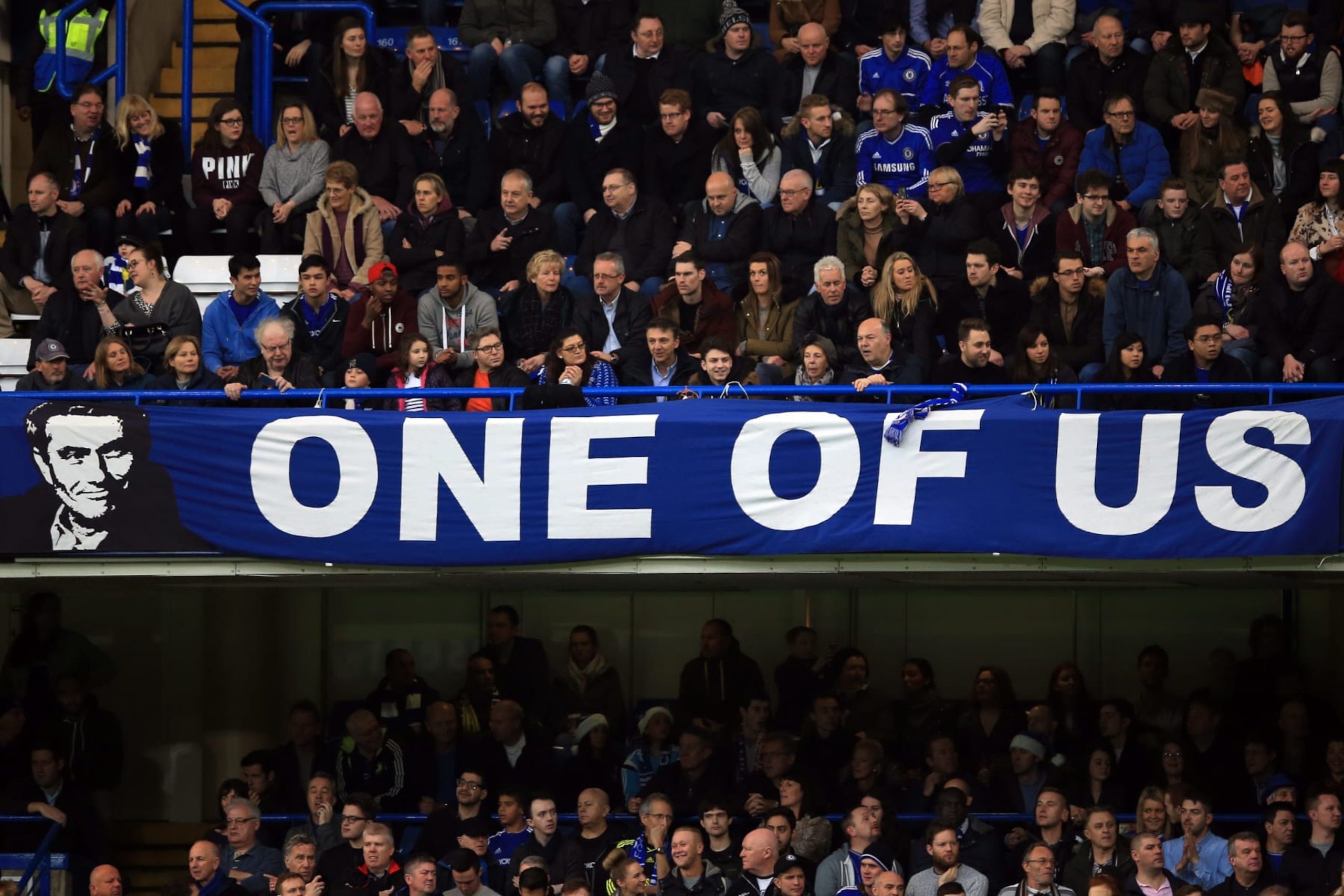 LONDON, ENGLAND - DECEMBER 26:  A banner depicting former manager Jose Mourinho hangs above the fans at Stamford Bridge during the Barclays Premier League match between Chelsea and Watford at Stamford Bridge on December 26, 2015 in London, England. (Photo by Marc Atkins/Mark Leech Sports Photography/Getty Images)