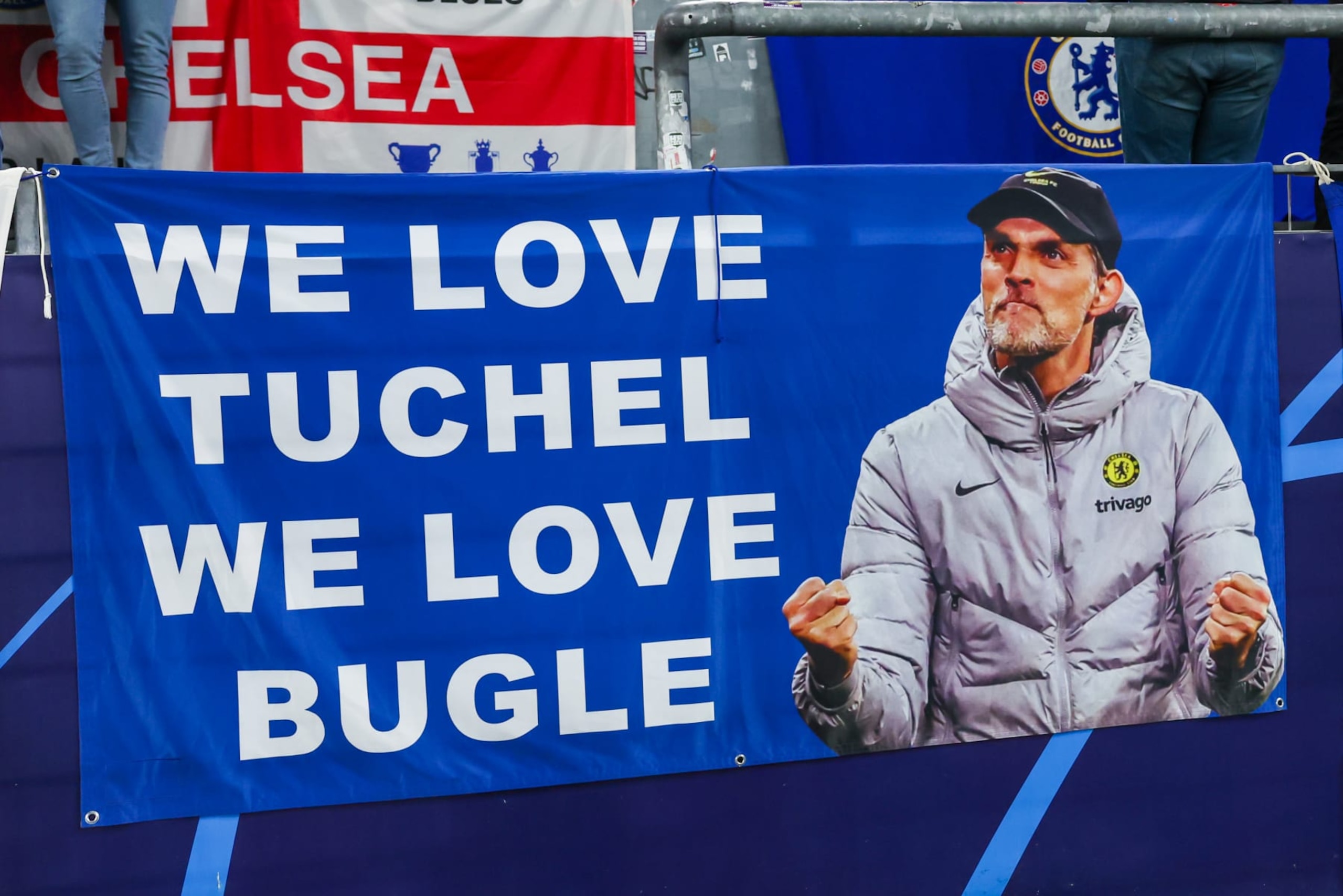 DORTMUND, GERMANY - FEBRUARY 15: Banners of Chelsea fans with Thomas Tuchel on it during the UEFA Champions Round of 16, 1st leg match between Borussia Dortmund and Chelsea at Signal Iduna Park on February 15, 2023 in Dortmund, Germany (Photo by Marcel ter Bals/Orange Pictures/BSR Agency/Getty Images)