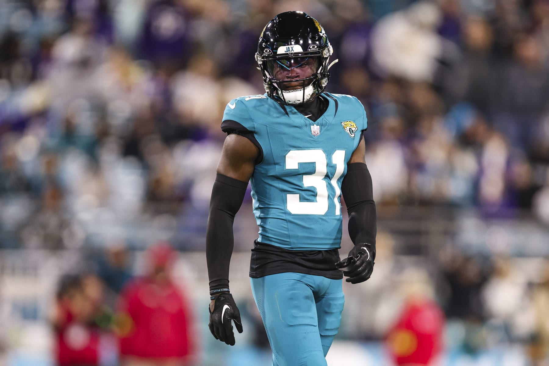 JACKSONVILLE, FL - DECEMBER 17: Darious Williams #31 of the Jacksonville Jaguars looks on from the field during an NFL football game against the Baltimore Ravens at EverBank Stadium on December 17, 2023 in Jacksonville, Florida. (Photo by Perry Knotts/Getty Images)