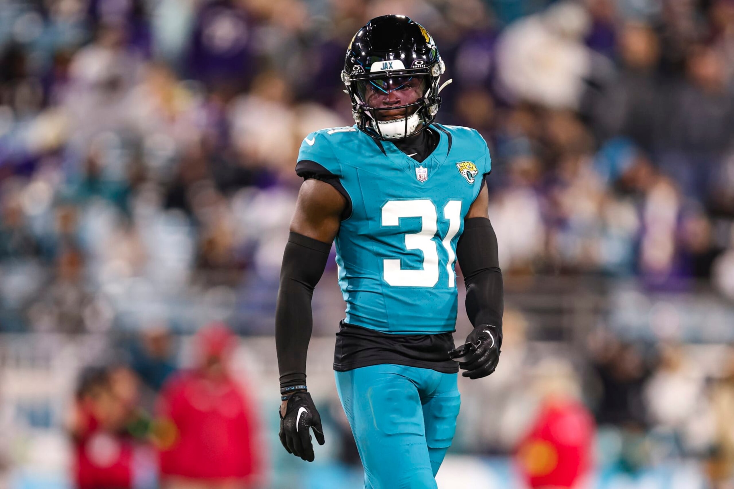 JACKSONVILLE, FL - DECEMBER 17: Darious Williams #31 of the Jacksonville Jaguars looks on from the field during an NFL football game against the Baltimore Ravens at EverBank Stadium on December 17, 2023 in Jacksonville, Florida. (Photo by Perry Knotts/Getty Images)