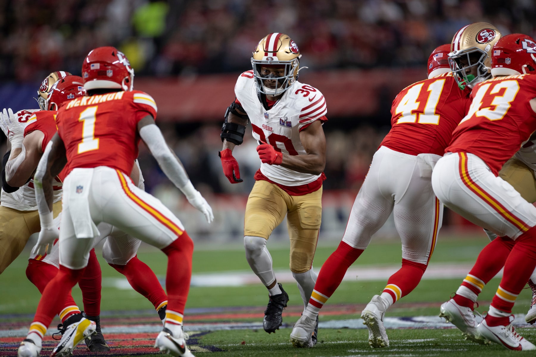 LAS VEGAS, NV - FEBRUARY 11: George Odum #30 of the San Francisco 49ers rushes the punter during Super Bowl LVIII against the Kansas City Chiefs at Allegiant Stadium on February 11, 2024 in Las Vegas, Nevada. The Chiefs defeated the 49ers 25-22. (Photo by Michael Zagaris/San Francisco 49ers/Getty Images) LAS VEGAS, NV - FEBRUARY 11: George Odum #30 of the San Francisco 49ers rushes the punter during Super Bowl LVIII against the Kansas City Chiefs at Allegiant Stadium on February 11, 2024 in Las Vegas, Nevada. The Chiefs defeated the 49ers 25-22. (Photo by Michael Zagaris/San Francisco 49ers/Getty Images)