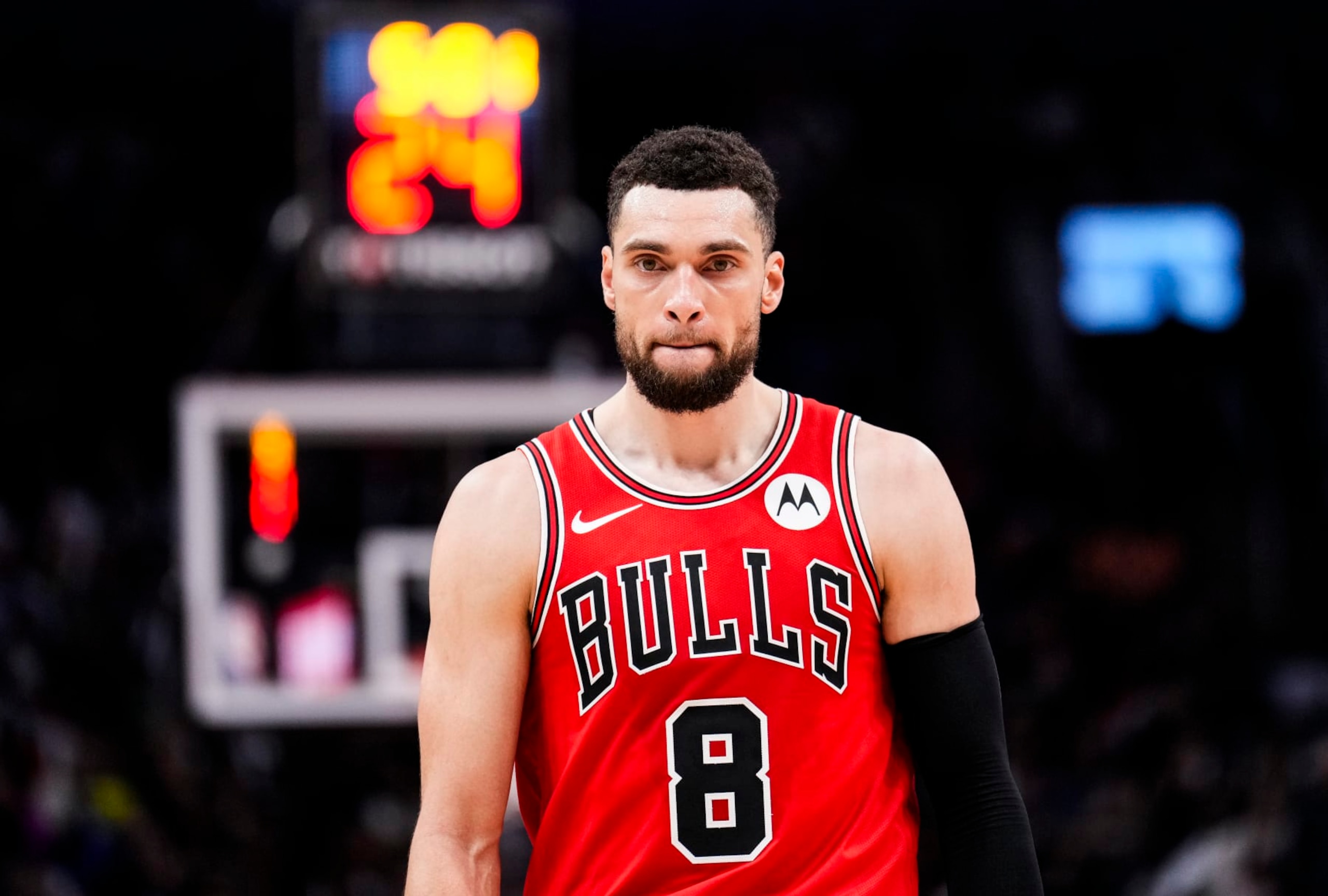 TORONTO, ON - JANUARY 18: Zach LaVine #8 of the Chicago Bulls look on against the Toronto Raptors during the first half of their basketball game at the Scotiabank Arena on January 18, 2024 in Toronto, Ontario, Canada. NOTE TO USER: User expressly acknowledges and agrees that, by downloading and/or using this Photograph, user is consenting to the terms and conditions of the Getty Images License Agreement. (Photo by Mark Blinch/Getty Images)