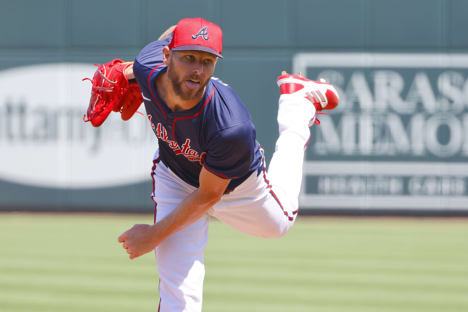 NORTH PORT, FL - MARCH 09: Atlanta Braves starting pitcher Chris Sale (51) pitches during the Saturday afternoon Spring Training baseball game between the Atlanta Braves and the Baltimore Orioles on March 9, 2024 at CoolToday Park in North Port, Florida.  (Photo by David J. Griffin/Icon Sportswire via Getty Images)