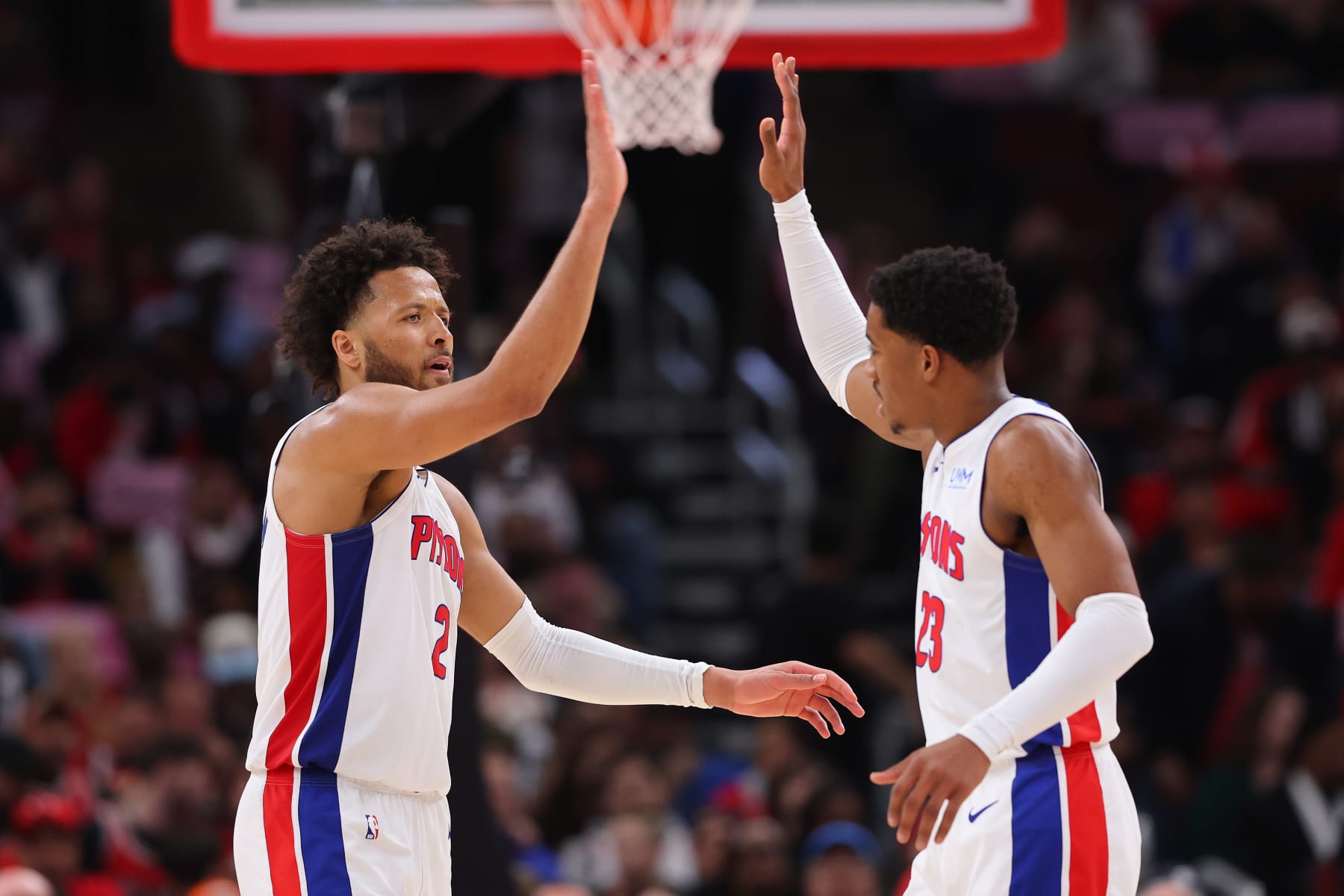 CHICAGO, ILLINOIS - FEBRUARY 27: Cade Cunningham #2 and Jaden Ivey #23 of the Detroit Pistons celebrate against the Chicago Bulls during the second half at the United Center on February 27, 2024 in Chicago, Illinois. NOTE TO USER: User expressly acknowledges and agrees that, by downloading and or using this photograph, User is consenting to the terms and conditions of the Getty Images License Agreement. (Photo by Michael Reaves/Getty Images)