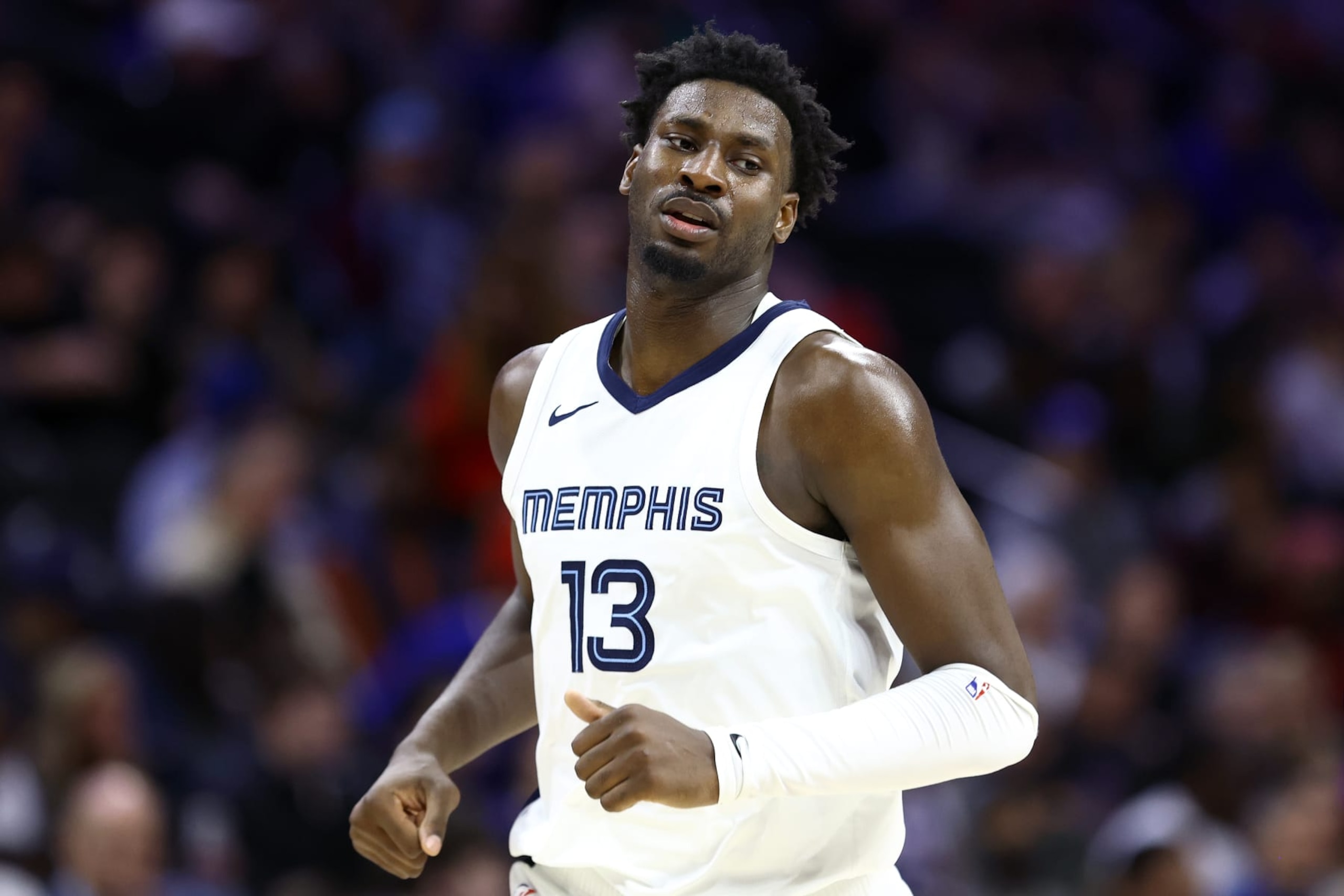PHILADELPHIA, PENNSYLVANIA - MARCH 06: Jaren Jackson Jr. #13 of the Memphis Grizzlies looks on during the third quarter against the Philadelphia 76ers at the Wells Fargo Center on March 06, 2024 in Philadelphia, Pennsylvania. NOTE TO USER: User expressly acknowledges and agrees that, by downloading and or using this photograph, User is consenting to the terms and conditions of the Getty Images License Agreement.  (Photo by Tim Nwachukwu/Getty Images)