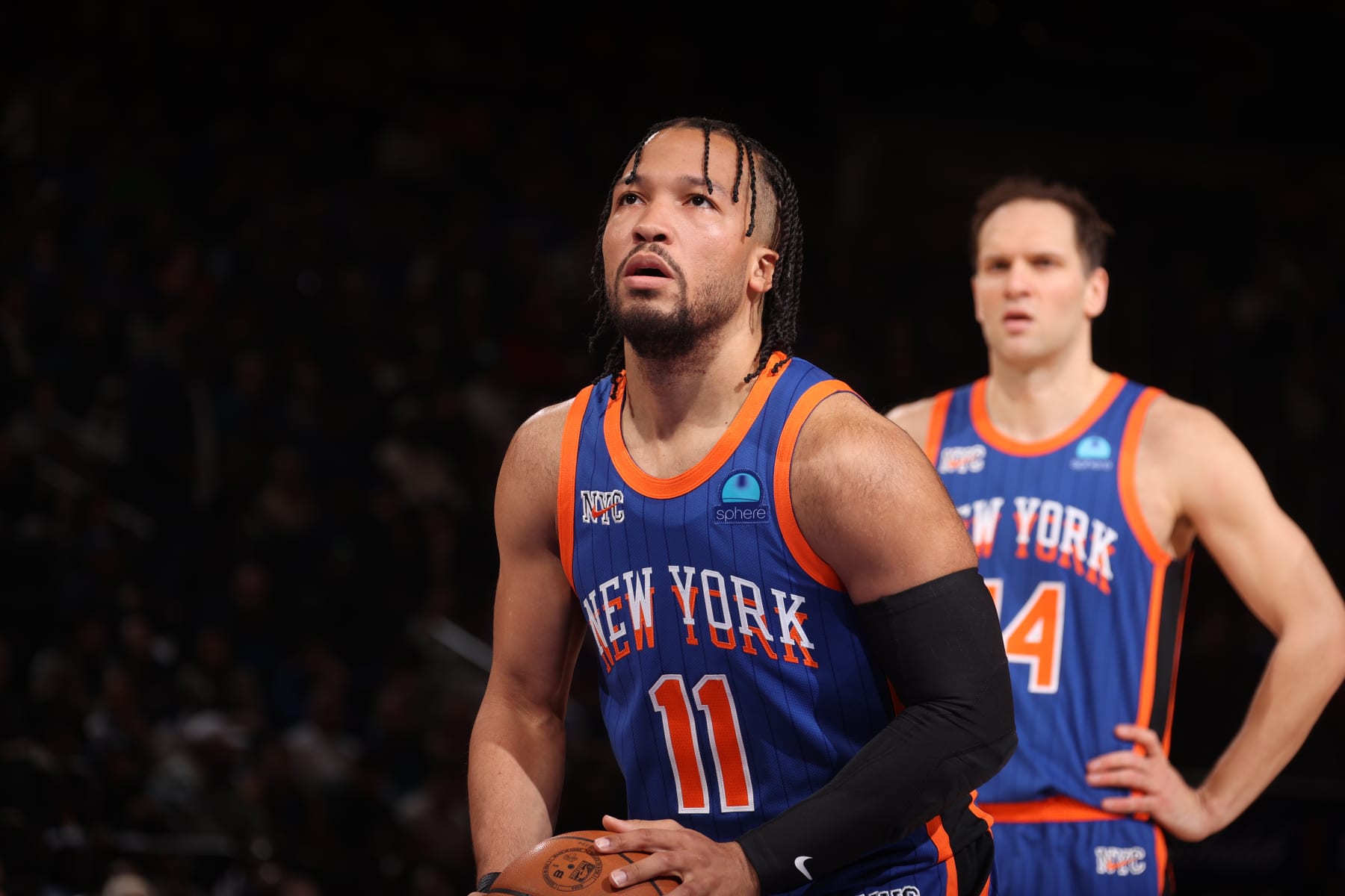 NEW YORK, NY - MARCH 10: Jalen Brunson #11 of the New York Knicks shoots a free throw during the game against the Philadelphia 76ers on March 10, 2024 at Madison Square Garden in New York City, New York.  NOTE TO USER: User expressly acknowledges and agrees that, by downloading and or using this photograph, User is consenting to the terms and conditions of the Getty Images License Agreement. Mandatory Copyright Notice: Copyright 2024 NBAE  (Photo by Nathaniel S. Butler/NBAE via Getty Images)