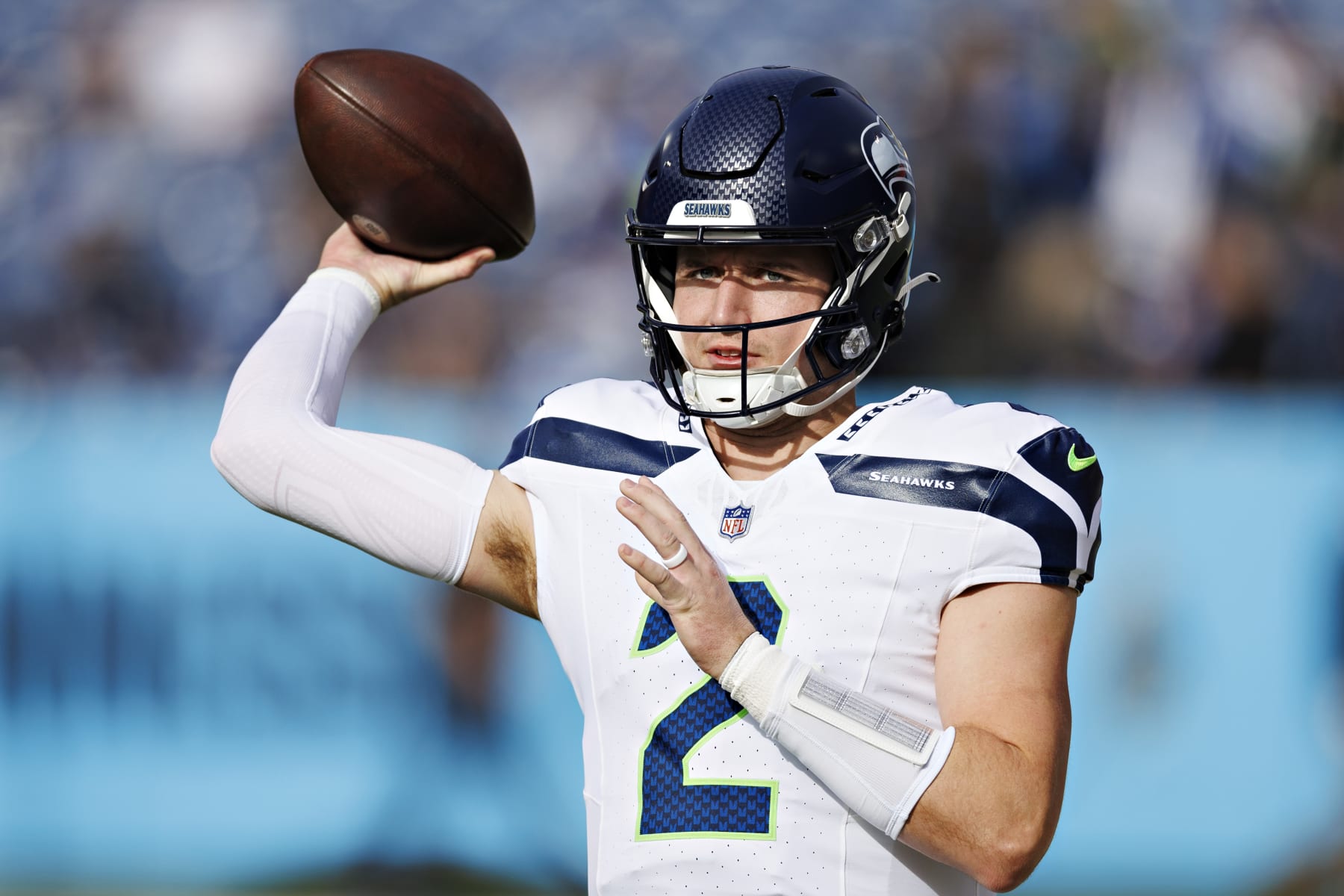 NASHVILLE, TENNESSEE - DECEMBER 24: Drew Lock #2 of the Seattle Seahawks warms up before the game against the Tennessee Titans at Nissan Stadium on December 24, 2023 in Nashville, Tennessee. The Seahawks defeated the Titans 20-17.  (Photo by Wesley Hitt/Getty Images)