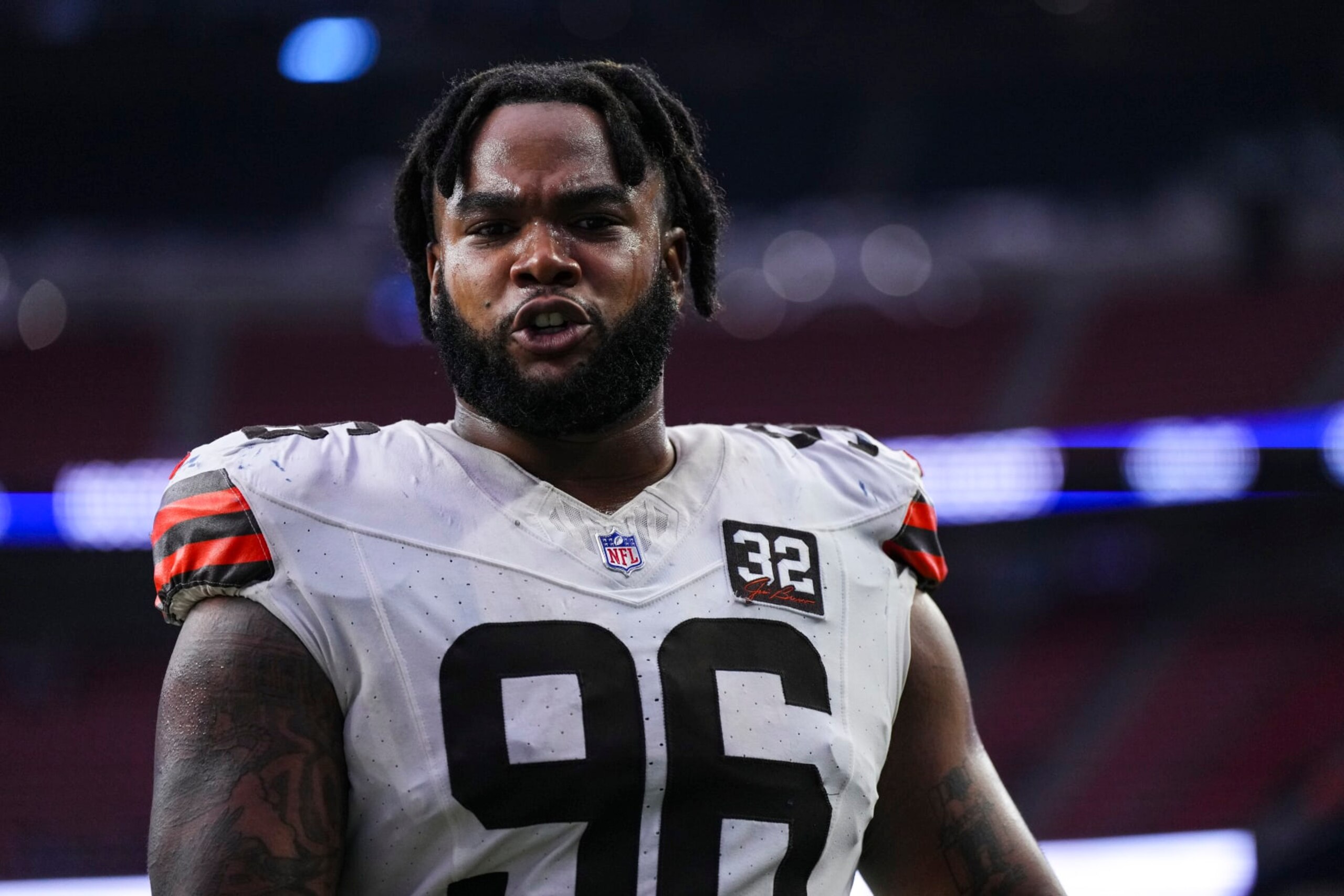 HOUSTON, TX - DECEMBER 24: Jordan Elliott #96 of the Cleveland Browns walks off of the field after an NFL football game against the Houston Texans at NRG Stadium on December 24, 2023 in Houston, Texas. (Photo by Cooper Neill/Getty Images)
