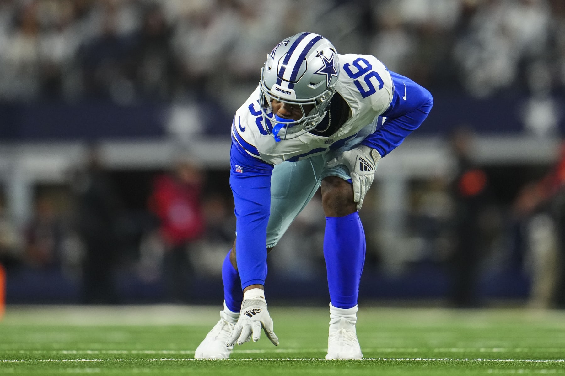 DALLAS, TX - JANUARY 14: Dante Fowler Jr. #56 of the Dallas Cowboys lines up during an NFL wild-card playoff football game against the Green Bay Packers at AT&T Stadium on January 14, 2024 in Dallas, Texas. (Photo by Cooper Neill/Getty Images)