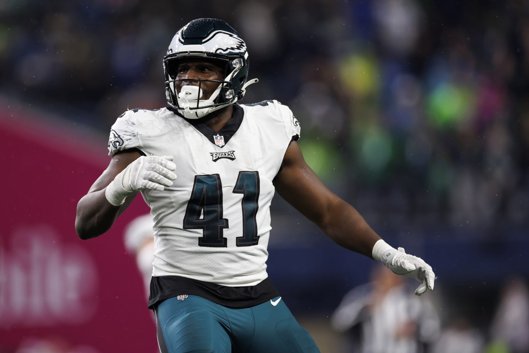 SEATTLE, WASHINGTON - DECEMBER 18: Nicholas Morrow #41 of the Philadelphia Eagles celebrates after a play against the Seattle Seahawks at Lumen Field on December 18, 2023 in Seattle, Washington. (Photo by Ryan Kang/Getty Images)