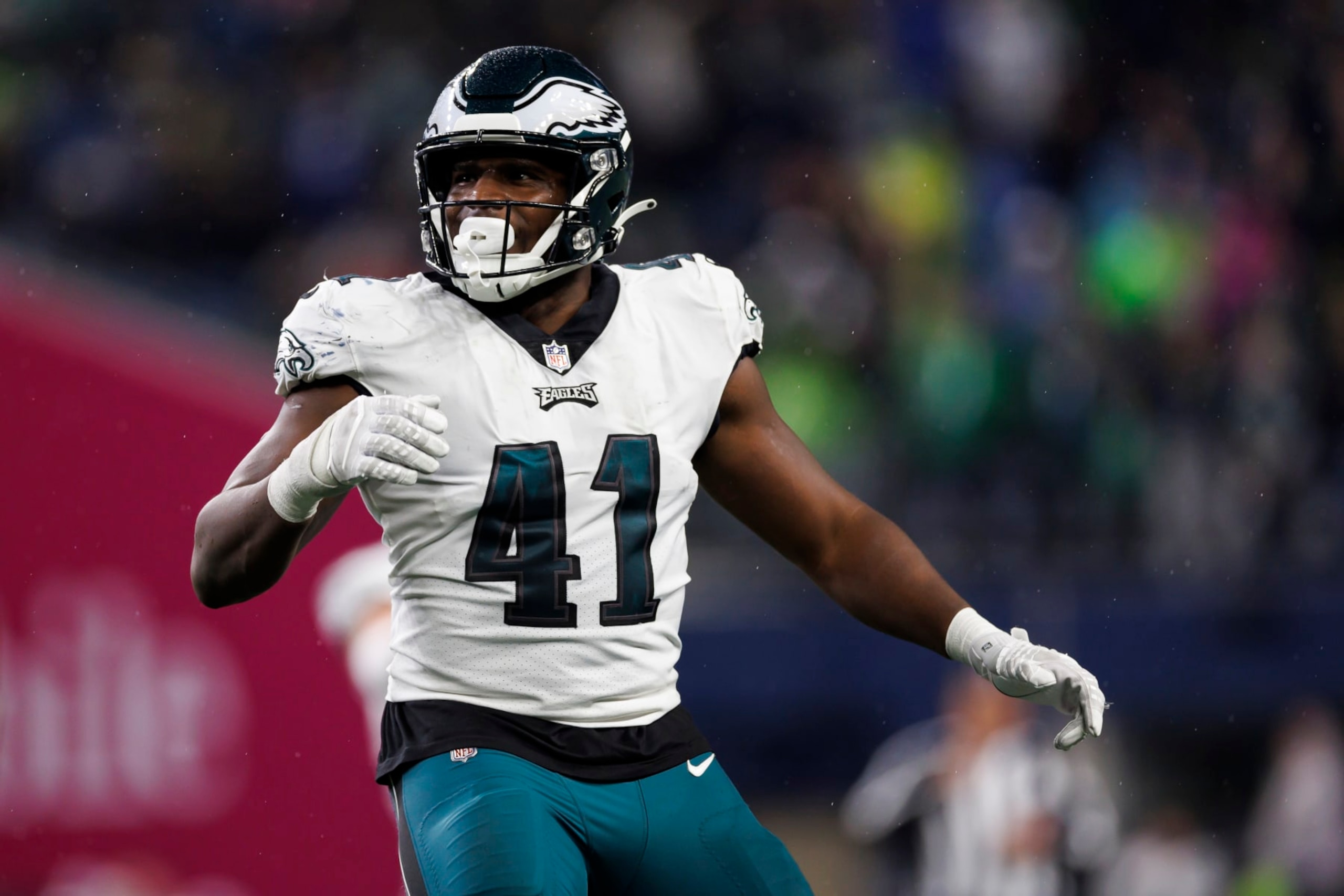 SEATTLE, WASHINGTON - DECEMBER 18: Nicholas Morrow #41 of the Philadelphia Eagles celebrates after a play against the Seattle Seahawks at Lumen Field on December 18, 2023 in Seattle, Washington. (Photo by Ryan Kang/Getty Images)
