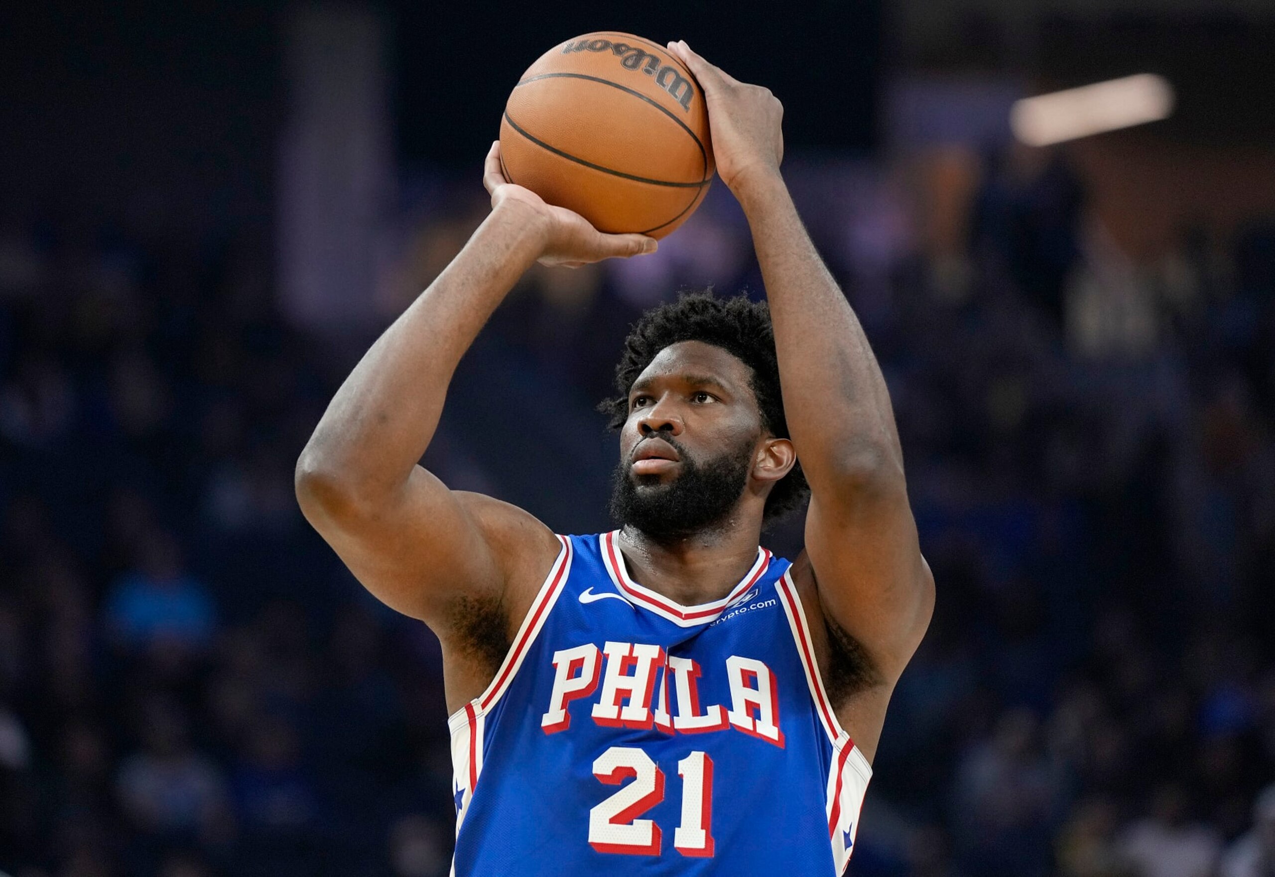 SAN FRANCISCO, CALIFORNIA - JANUARY 30: Joel Embiid #21 of the Philadelphia 76ers shoots a technical foul shot against the Golden State Warriors during the first quarter of an NBA basketball game at Chase Center on January 30, 2024 in San Francisco, California. NOTE TO USER: User expressly acknowledges and agrees that, by downloading and or using this photograph, User is consenting to the terms and conditions of the Getty Images License Agreement. (Photo by Thearon W. Henderson/Getty Images) SAN FRANCISCO, CALIFORNIA - JANUARY 30: Joel Embiid #21 of the Philadelphia 76ers shoots a technical foul shot against the Golden State Warriors during the first quarter of an NBA basketball game at Chase Center on January 30, 2024 in San Francisco, California. NOTE TO USER: User expressly acknowledges and agrees that, by downloading and or using this photograph, User is consenting to the terms and conditions of the Getty Images License Agreement. (Photo by Thearon W. Henderson/Getty Images)