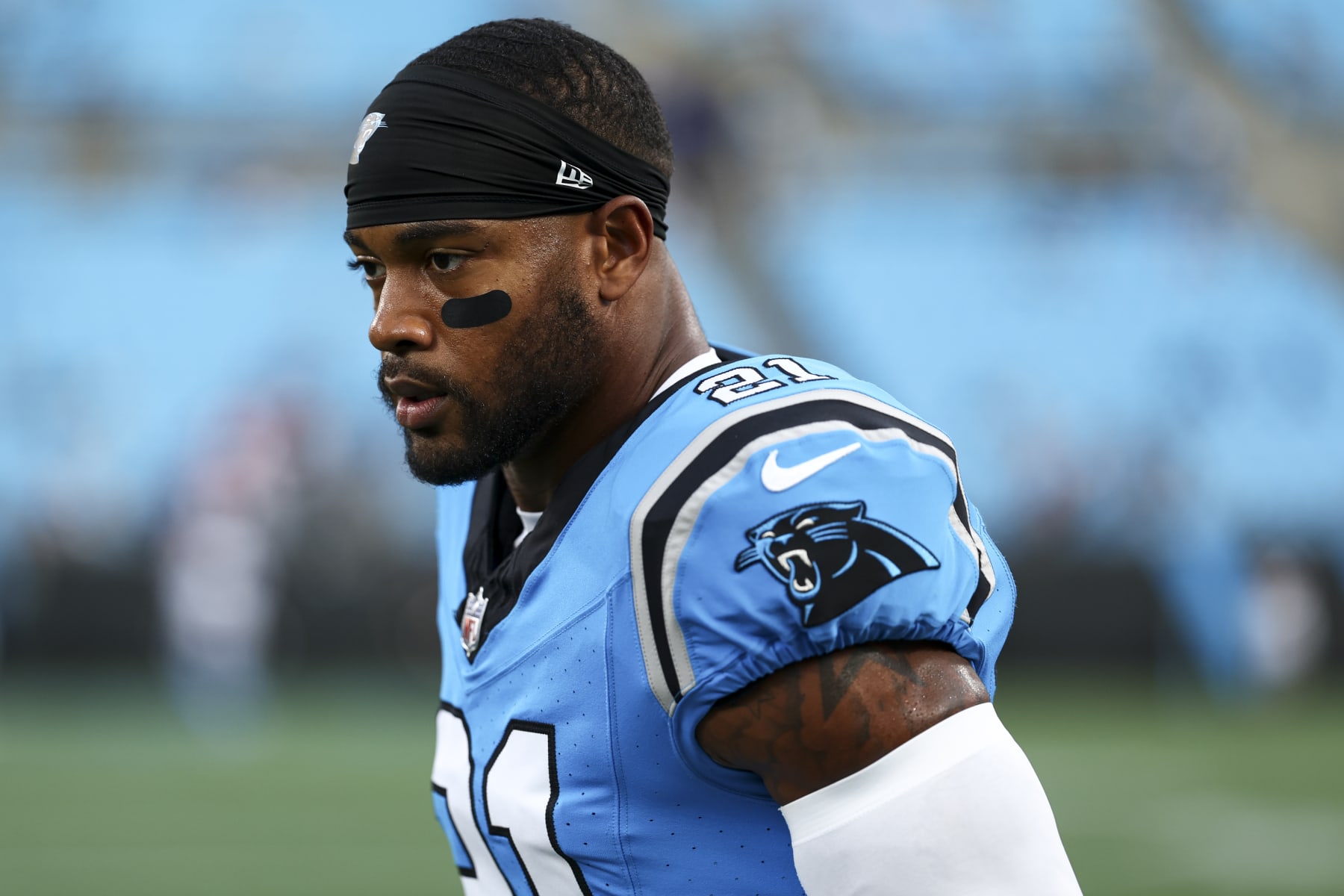 CHARLOTTE, NC - AUGUST 25: Jeremy Chinn #21 of the Carolina Panthers warms up prior to an NFL preseason football game against the Detroit Lions at Bank of America Stadium on August 25, 2023 in Charlotte, North Carolina. (Photo by Kevin Sabitus/Getty Images)