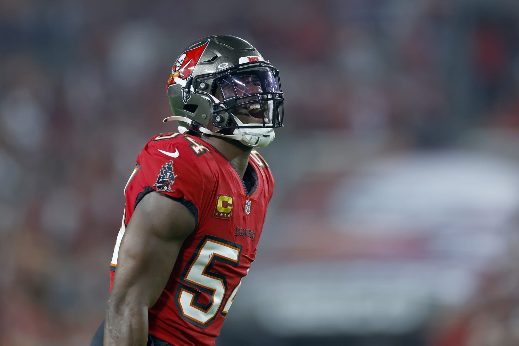 TAMPA, FLORIDA - JANUARY 15: Lavonte David #54 of the Tampa Bay Buccaneers celebrates a defensive stop against the Philadelphia Eagles during the first quarter in the NFC Wild Card Playoffs at Raymond James Stadium on January 15, 2024 in Tampa, Florida. (Photo by Mike Ehrmann/Getty Images)