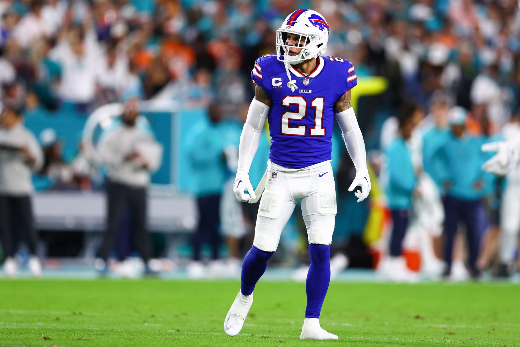 MIAMI GARDENS, FLORIDA - JANUARY 07: Jordan Poyer #21 of the Buffalo Bills looks on during the first half of the game against the Miami Dolphins at Hard Rock Stadium on January 07, 2024 in Miami Gardens, Florida. (Photo by Megan Briggs/Getty Images) MIAMI GARDENS, FLORIDA - JANUARY 07: Jordan Poyer #21 of the Buffalo Bills looks on during the first half of the game against the Miami Dolphins at Hard Rock Stadium on January 07, 2024 in Miami Gardens, Florida. (Photo by Megan Briggs/Getty Images)
