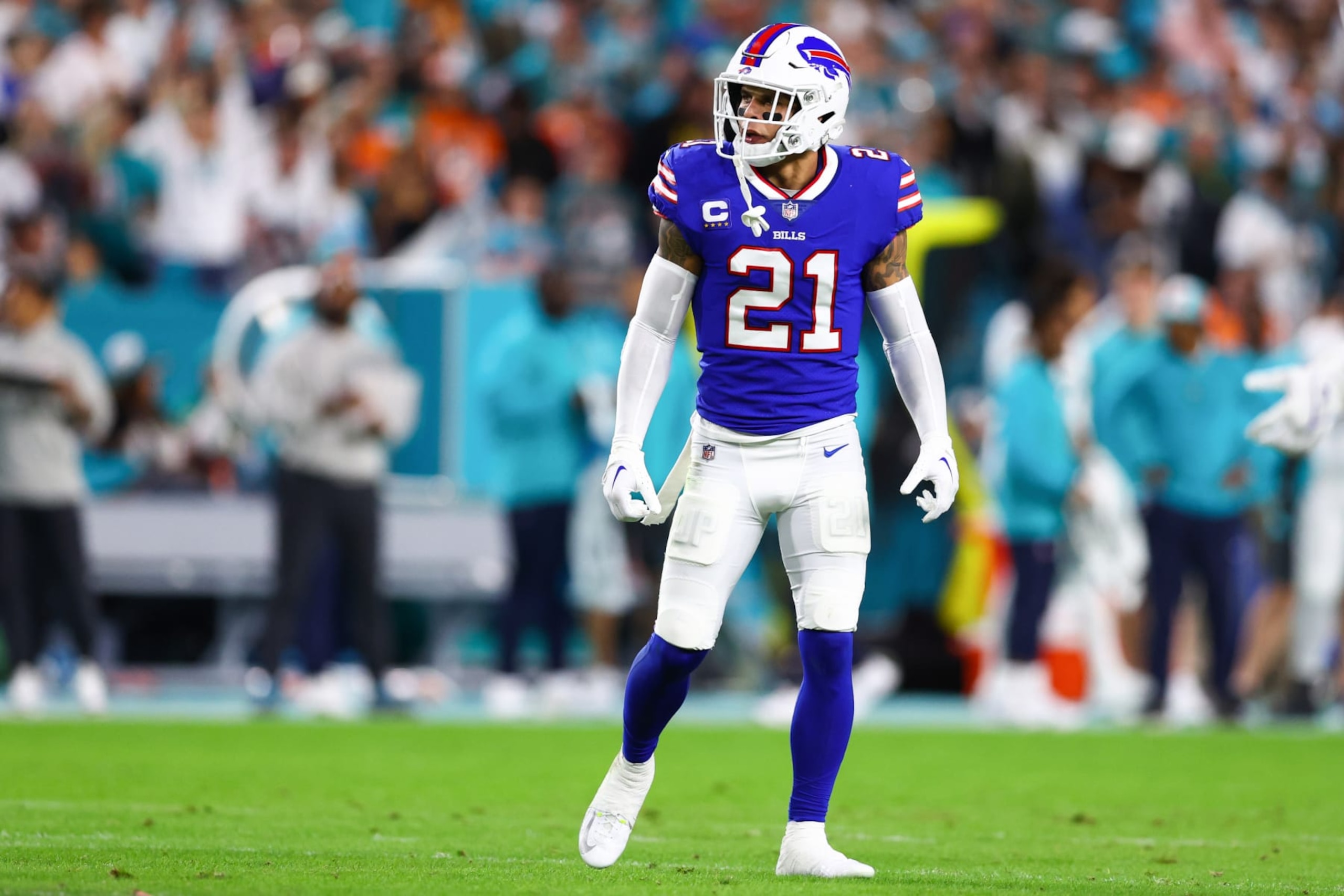 MIAMI GARDENS, FLORIDA - JANUARY 07: Jordan Poyer #21 of the Buffalo Bills looks on during the first half of the game against the Miami Dolphins at Hard Rock Stadium on January 07, 2024 in Miami Gardens, Florida. (Photo by Megan Briggs/Getty Images)