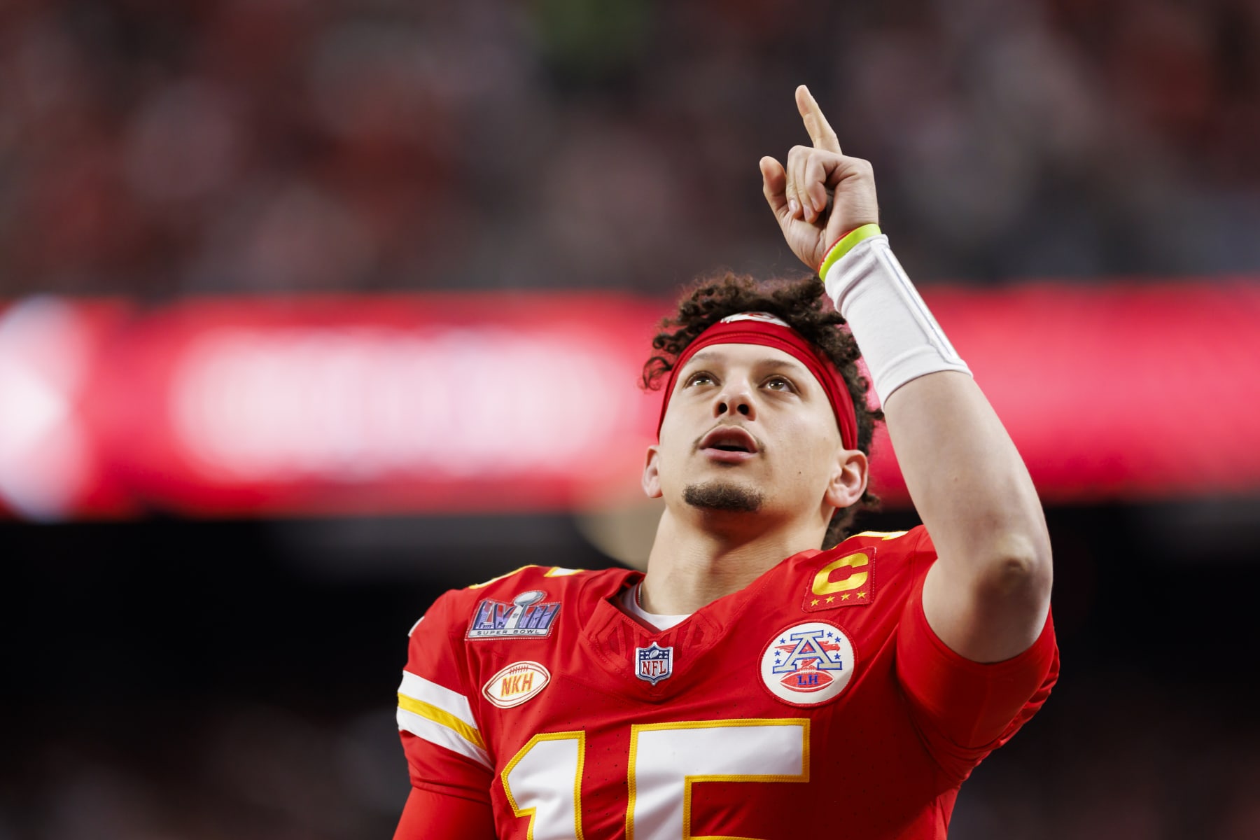 LAS VEGAS, NEVADA - FEBRUARY 11: Patrick Mahomes #15 of the Kansas City Chiefs points and looks on before Super Bowl LVIII against the San Francisco 49ers at Allegiant Stadium on February 11, 2024 in Las Vegas, Nevada. (Photo by Ryan Kang/Getty Images)