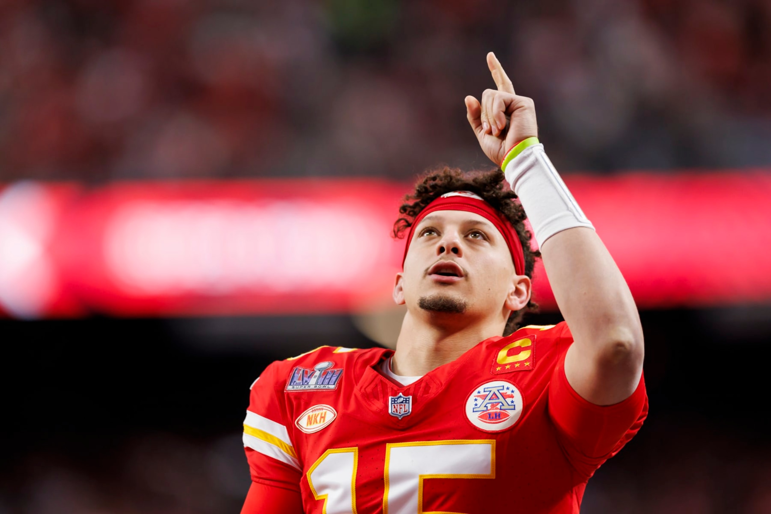 LAS VEGAS, NEVADA - FEBRUARY 11: Patrick Mahomes #15 of the Kansas City Chiefs points and looks on before Super Bowl LVIII against the San Francisco 49ers at Allegiant Stadium on February 11, 2024 in Las Vegas, Nevada. (Photo by Ryan Kang/Getty Images)