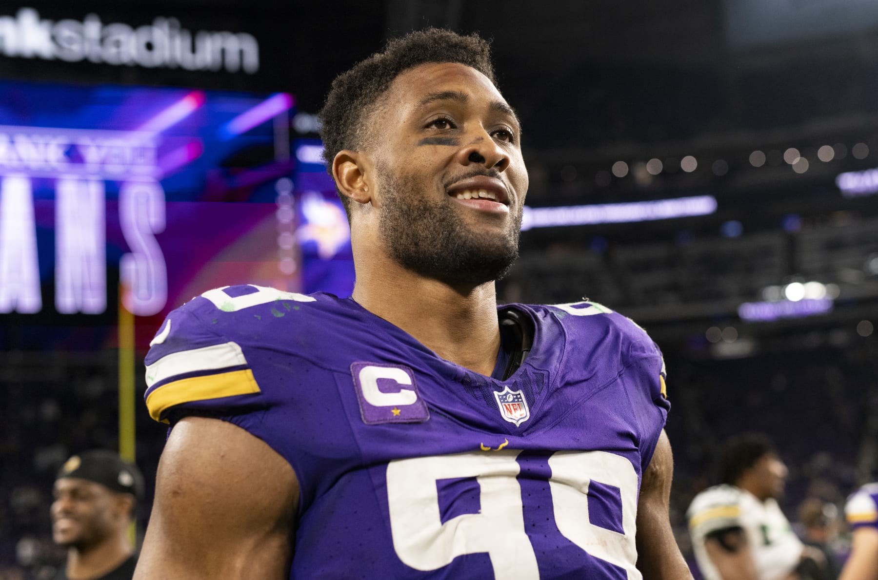 MINNEAPOLIS, MINNESOTA - DECEMBER 31: Danielle Hunter #99 of the Minnesota Vikings greets players after the game against the Green Bay Packers at U.S. Bank Stadium on December 31, 2023 in Minneapolis, Minnesota. (Photo by Stephen Maturen/Getty Images)