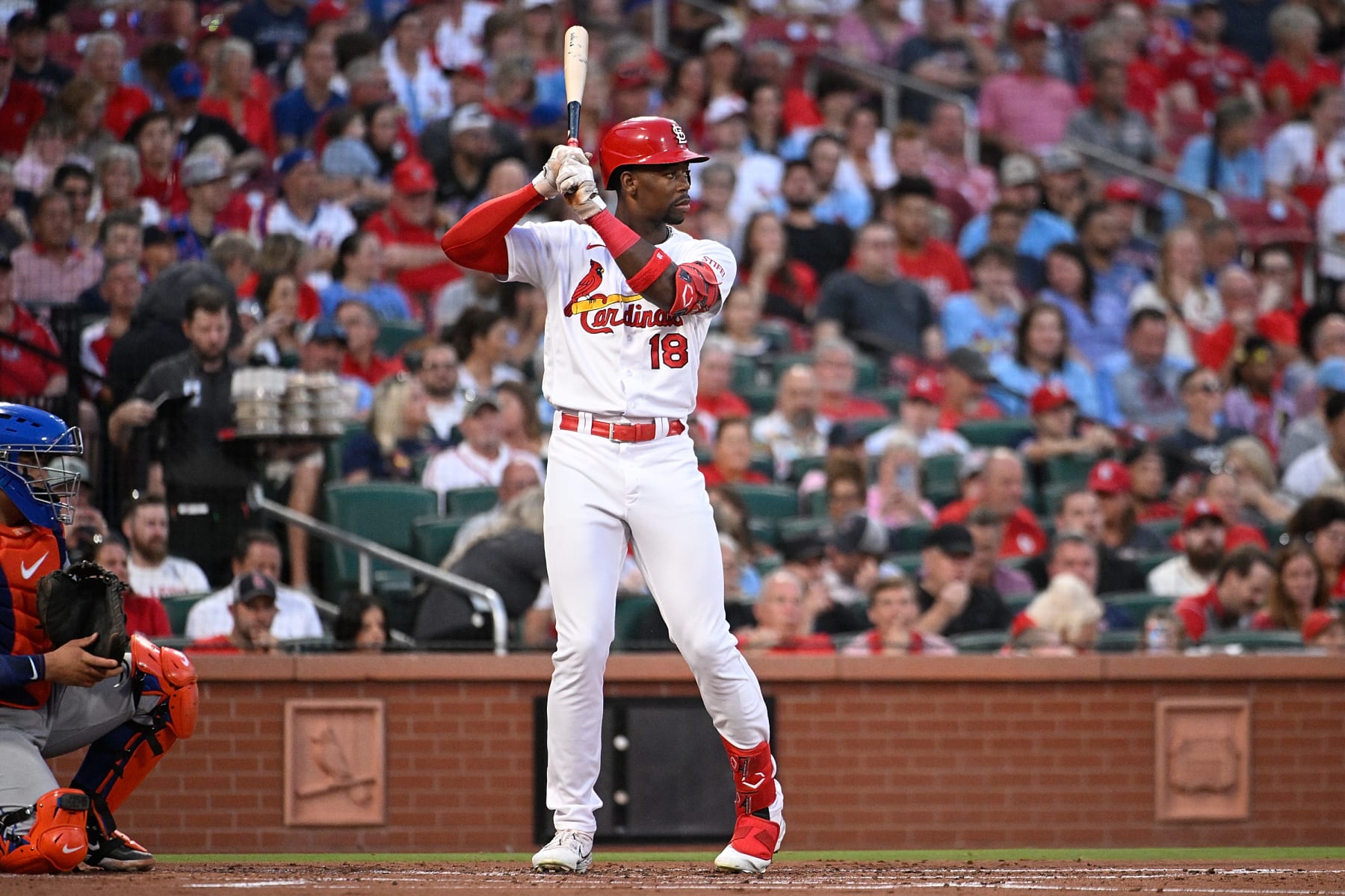 ST LOUIS, MISSOURI - AUGUST 18: Jordan Walker #18 of the St. Louis Cardinals at bat against the New York Mets at Busch Stadium on August 18, 2023 in St Louis, Missouri. (Photo by Joe Puetz/Getty Images)