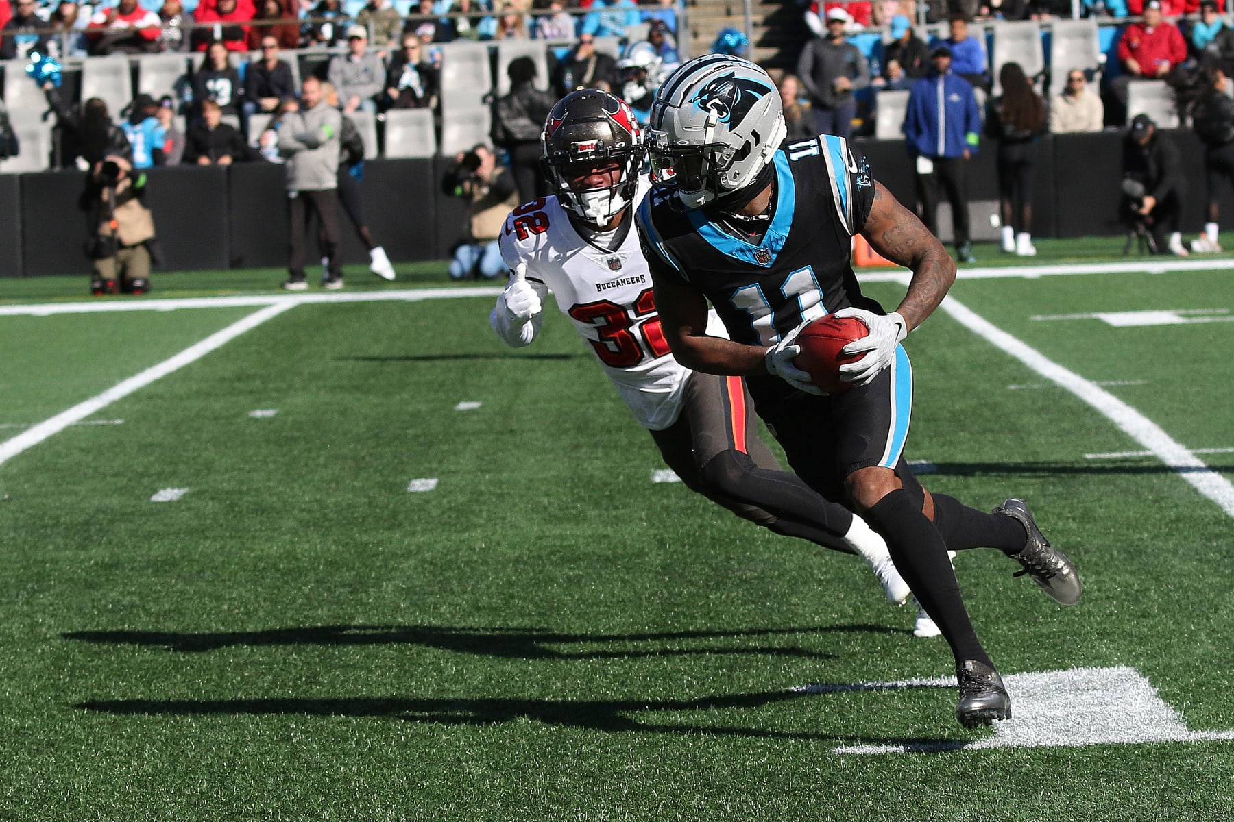 CHARLOTTE, NC - JANUARY 07: Carolina Panthers wide receiver Ihmir Smith-Marsette (11) during an NFL football game between the Tampa Bay Buccaneers and the Carolina Panthers on January 7, 2024 at Bank of America Stadium in Charlotte, N.C. (Photo by John Byrum/Icon Sportswire via Getty Images) CHARLOTTE, NC - JANUARY 07: Carolina Panthers wide receiver Ihmir Smith-Marsette (11) during an NFL football game between the Tampa Bay Buccaneers and the Carolina Panthers on January 7, 2024 at Bank of America Stadium in Charlotte, N.C. (Photo by John Byrum/Icon Sportswire via Getty Images)