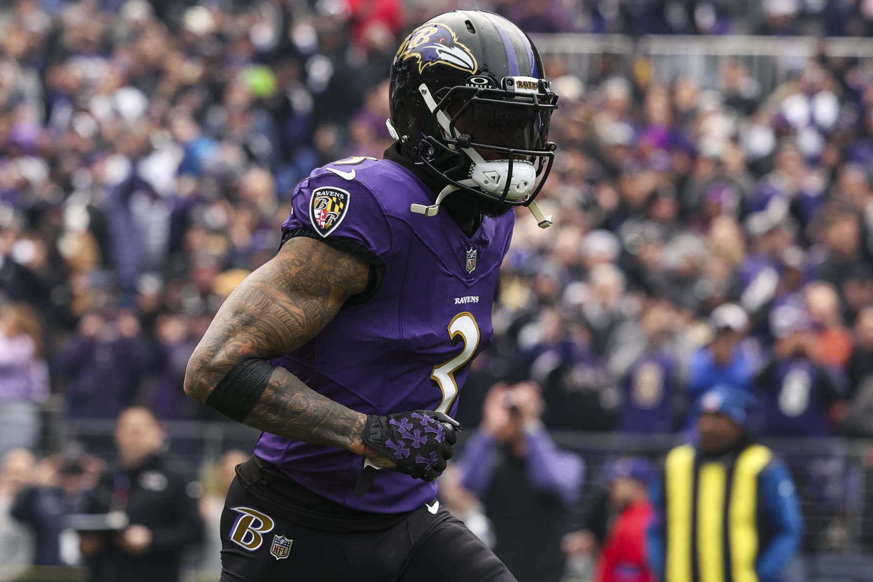 BALTIMORE, MD - JANUARY 28: Odell Beckham Jr. #3 of the Baltimore Ravens runs out of the tunnel prior to the AFC Championship NFL football game against the Kansas City Chiefs at M&T Bank Stadium on January 28, 2024 in Baltimore, Maryland. (Photo by Perry Knotts/Getty Images)