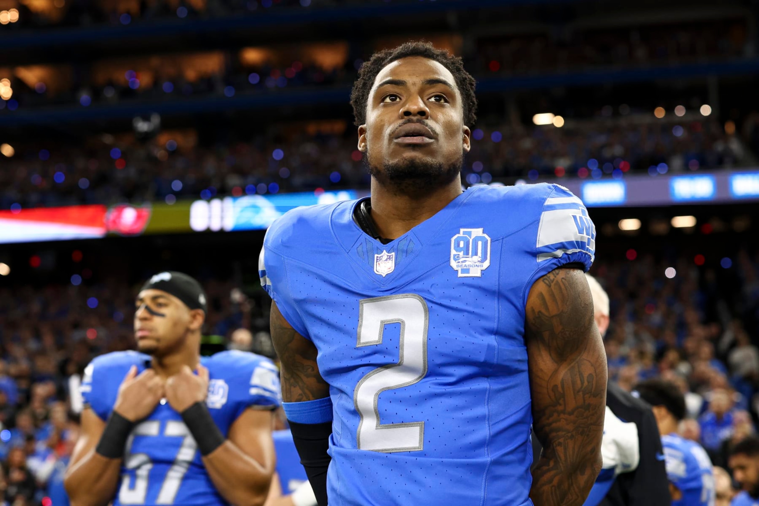 DETROIT, MI - JANUARY 21: C.J. Gardner-Johnson #2 of the Detroit Lions stands on the sidelines during the national anthem prior to an NFL divisional round playoff football game against the Tampa Bay Buccaneers at Ford Field on January 21, 2024 in Detroit, Michigan. (Photo by Kevin Sabitus/Getty Images)