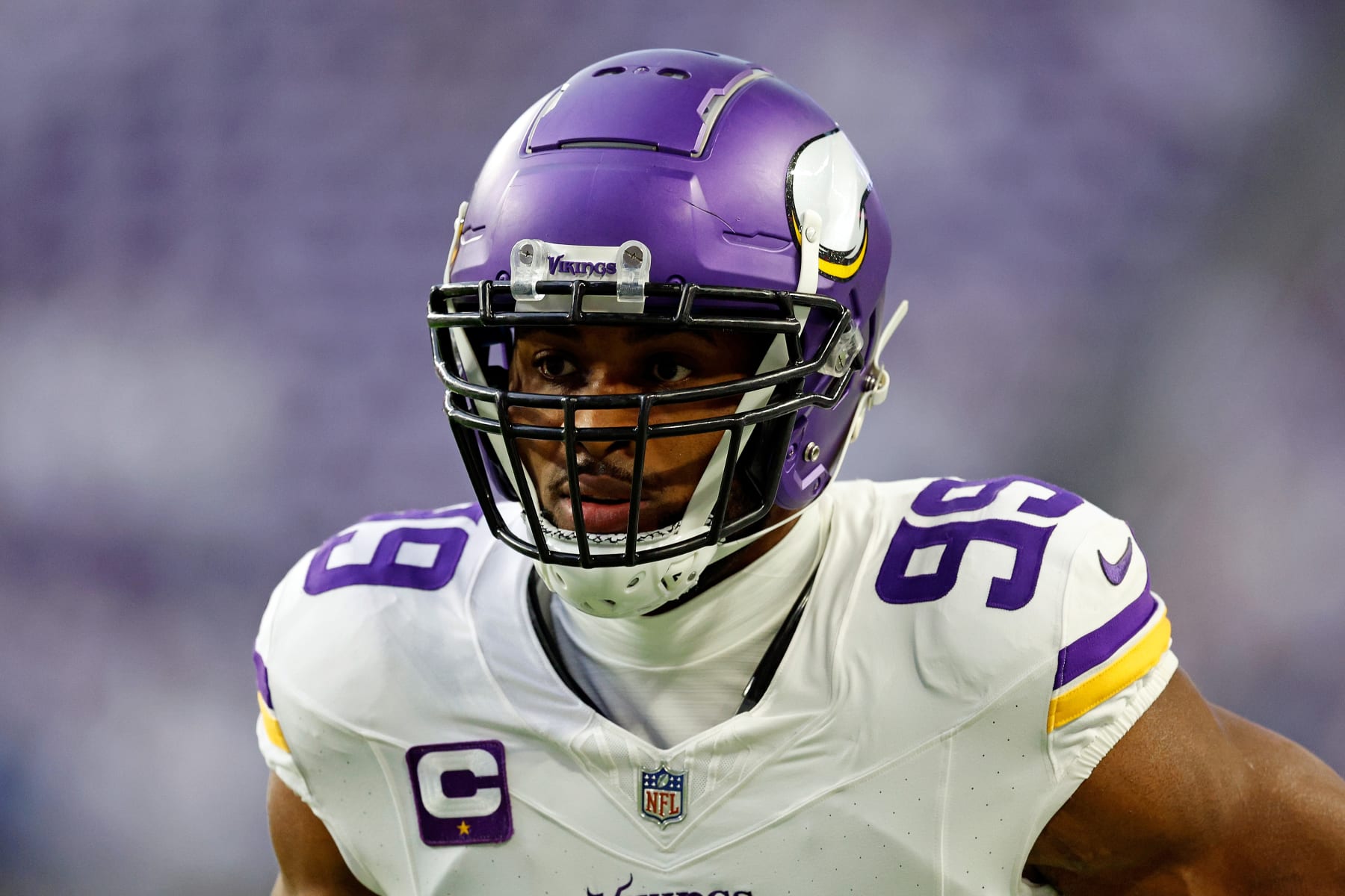 MINNEAPOLIS, MINNESOTA - DECEMBER 24: Danielle Hunter #99 of the Minnesota Vikings looks on prior to the start of the game against the Detroit Lions at U.S. Bank Stadium on December 24, 2023 in Minneapolis, Minnesota. The Lions defeated the Vikings 30-24. (Photo by David Berding/Getty Images)