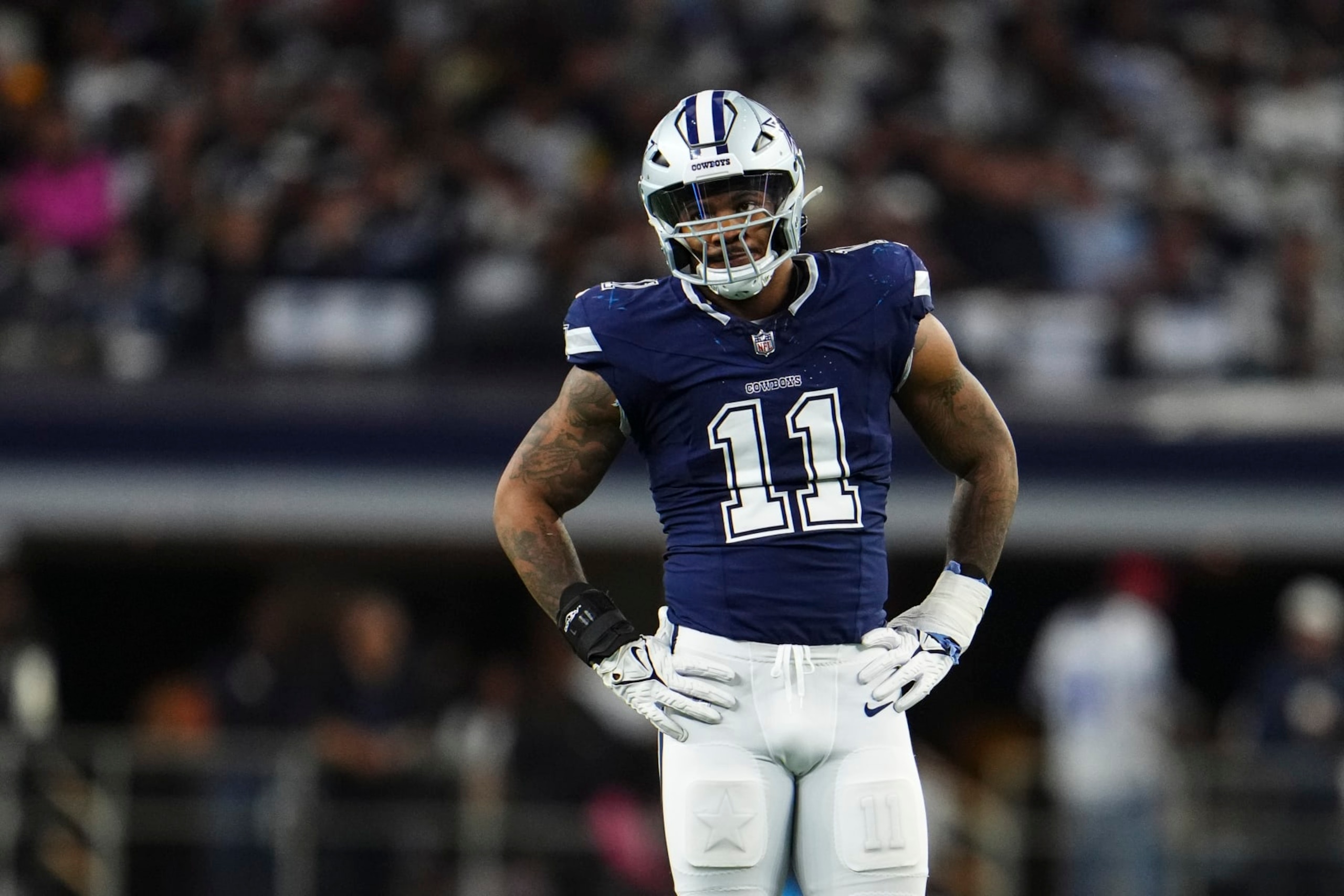 ARLINGTON, TX - OCTOBER 29: Micah Parsons #11 of the Dallas Cowboys lines up during an NFL game against the Los Angeles Rams at AT&T Stadium on October 29, 2023 in Arlington, Texas. (Photo by Cooper Neill/Getty Images)