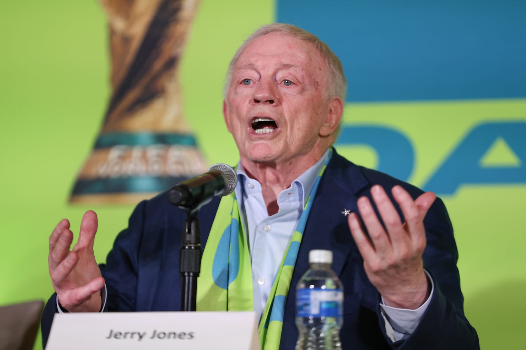 ARLINGTON, TEXAS - FEBRUARY 4: Owner and general manager of the Dallas Cowboys Jerry Jones speaks during the FIFA World Cup 2026 Match Schedule Announcement at AT&T Stadium on February 4, 2024 in Arlington, Texas. (Photo by Omar Vega/Getty Images)