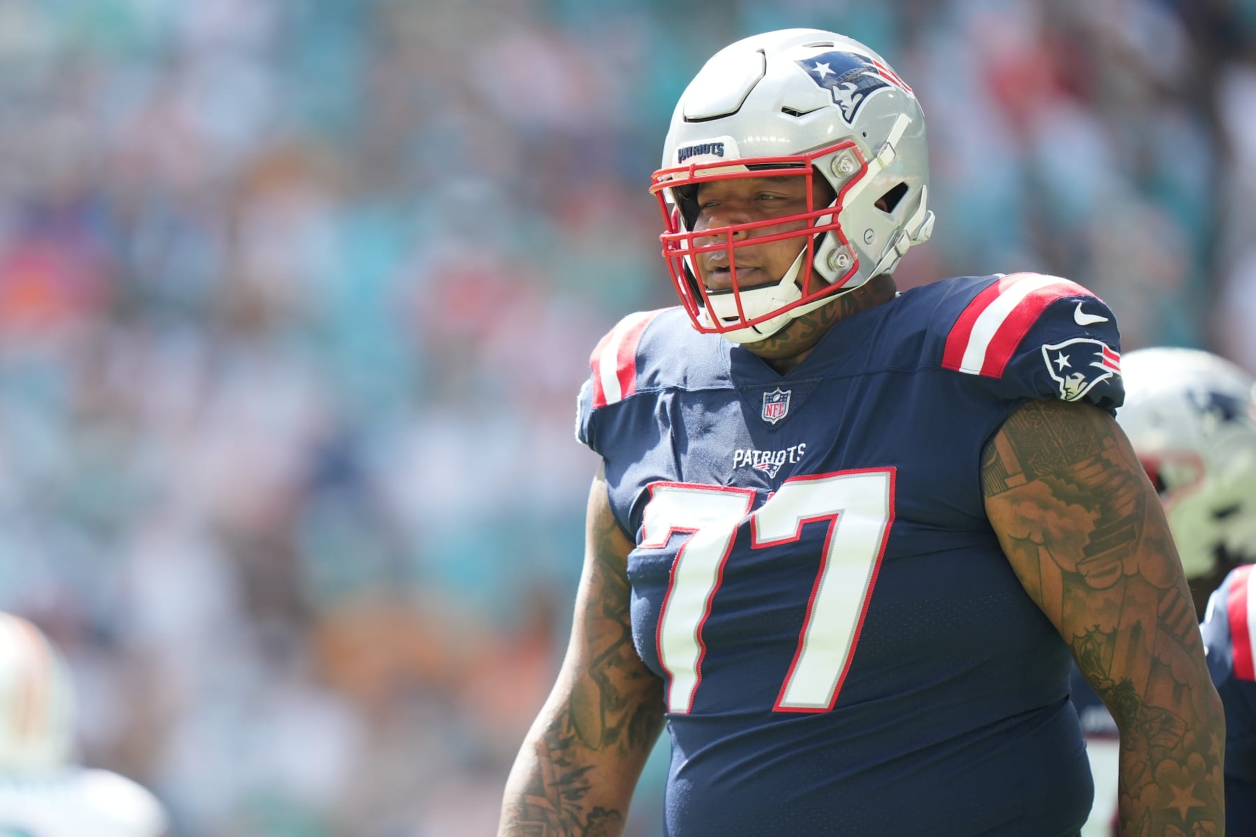 MIAMI GARDENS, FL - OCTOBER 29: New England Patriots offensive tackle Trent Brown (77) walks toward the team bench during the game between the New England Patriots and the Miami Dolphins on Sunday, October 29, 2023 at Hard Rock Stadium, Miami Gardens, Fla. (Photo by Peter Joneleit/Icon Sportswire via Getty Images) MIAMI GARDENS, FL - OCTOBER 29: New England Patriots offensive tackle Trent Brown (77) walks toward the team bench during the game between the New England Patriots and the Miami Dolphins on Sunday, October 29, 2023 at Hard Rock Stadium, Miami Gardens, Fla. (Photo by Peter Joneleit/Icon Sportswire via Getty Images)