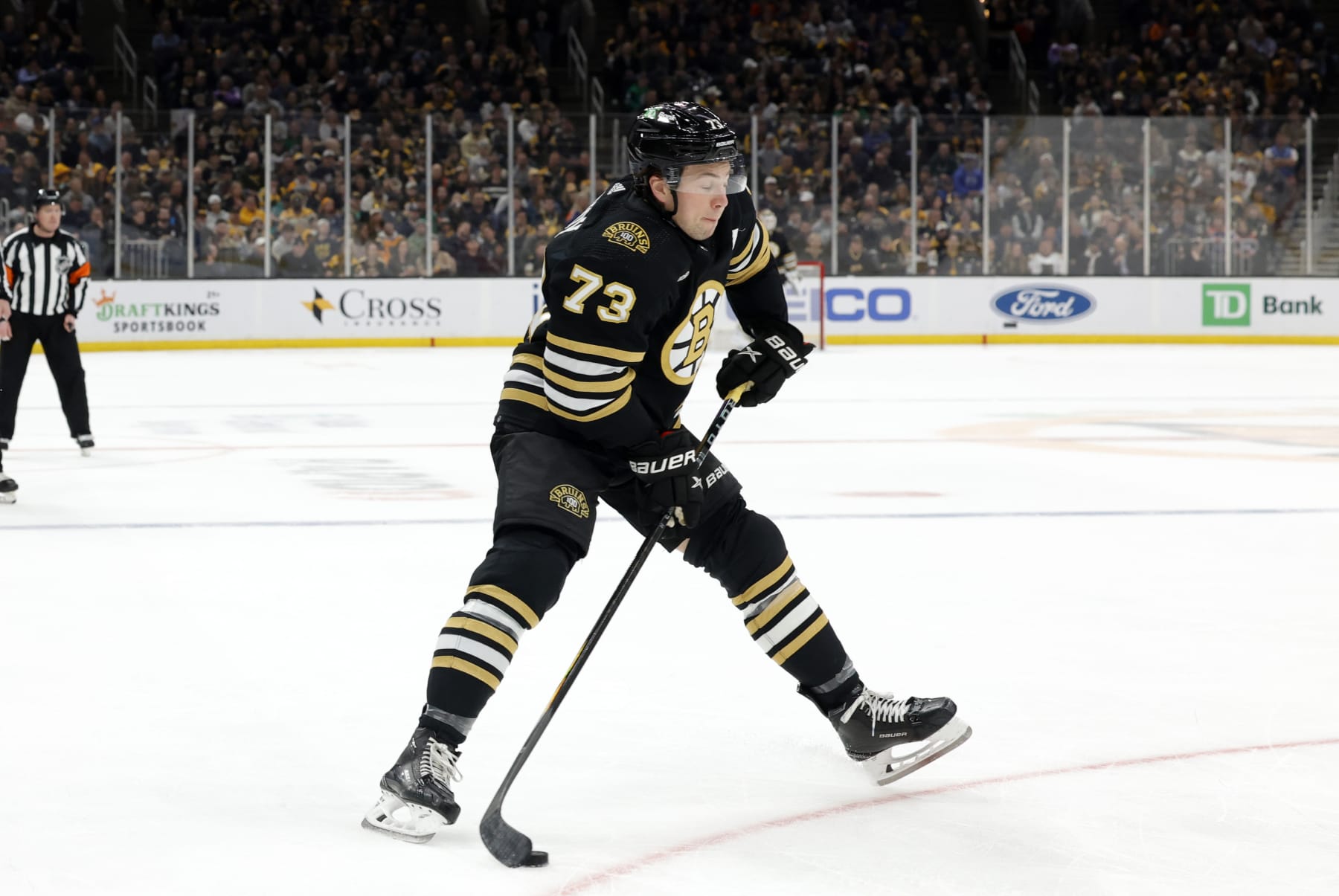 BOSTON, MA - MARCH 05: Boston Bruins right defenseman Charlie McAvoy (73) pulls a move during a game between the Boston Bruins and the Edmonton Oilers on March 5, 2024, at TD Garden in Boston, Massachusetts. (Photo by Fred Kfoury III/Icon Sportswire via Getty Images)