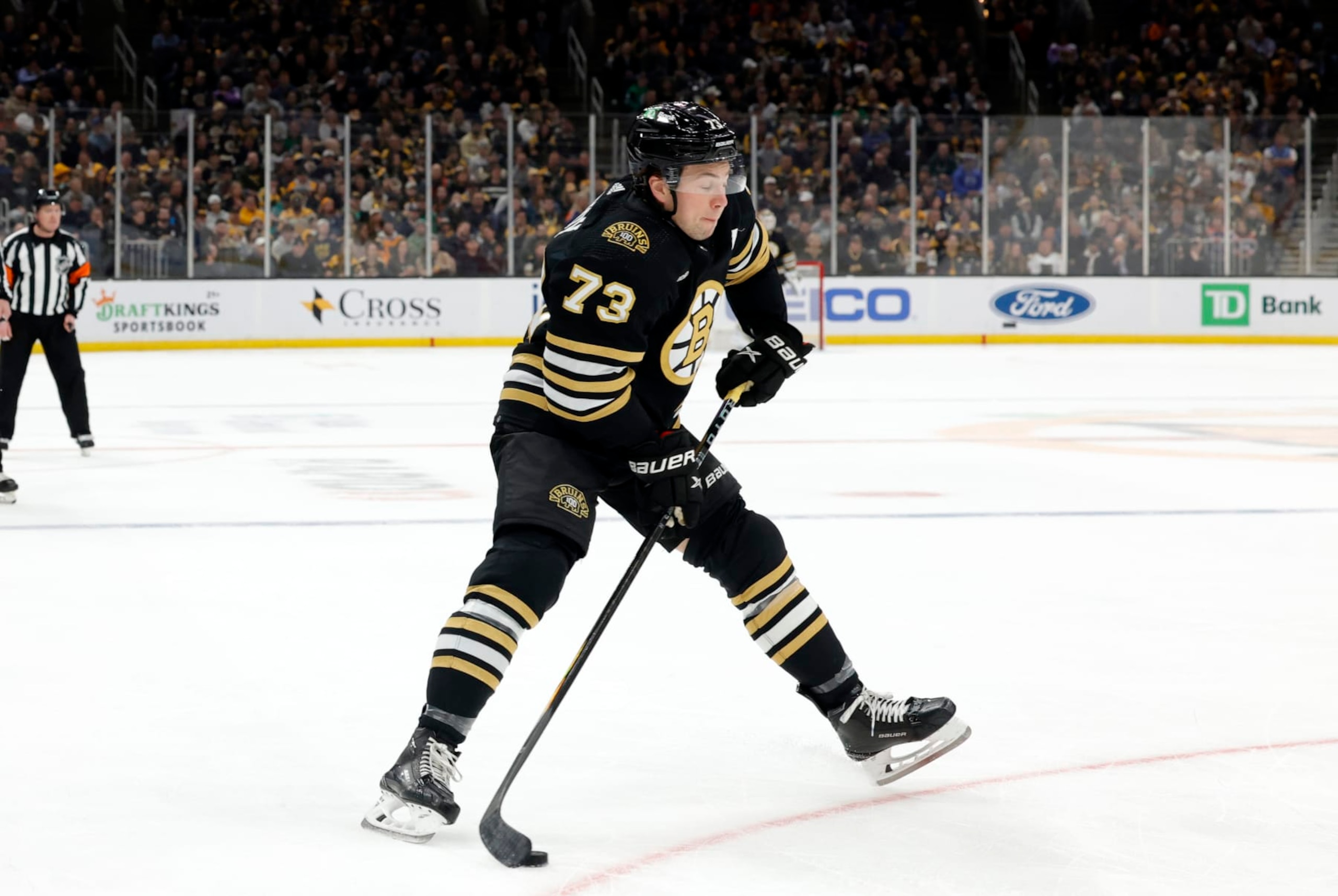 BOSTON, MA - MARCH 05: Boston Bruins right defenseman Charlie McAvoy (73) pulls a move during a game between the Boston Bruins and the Edmonton Oilers on March 5, 2024, at TD Garden in Boston, Massachusetts. (Photo by Fred Kfoury III/Icon Sportswire via Getty Images) BOSTON, MA - MARCH 05: Boston Bruins right defenseman Charlie McAvoy (73) pulls a move during a game between the Boston Bruins and the Edmonton Oilers on March 5, 2024, at TD Garden in Boston, Massachusetts. (Photo by Fred Kfoury III/Icon Sportswire via Getty Images)