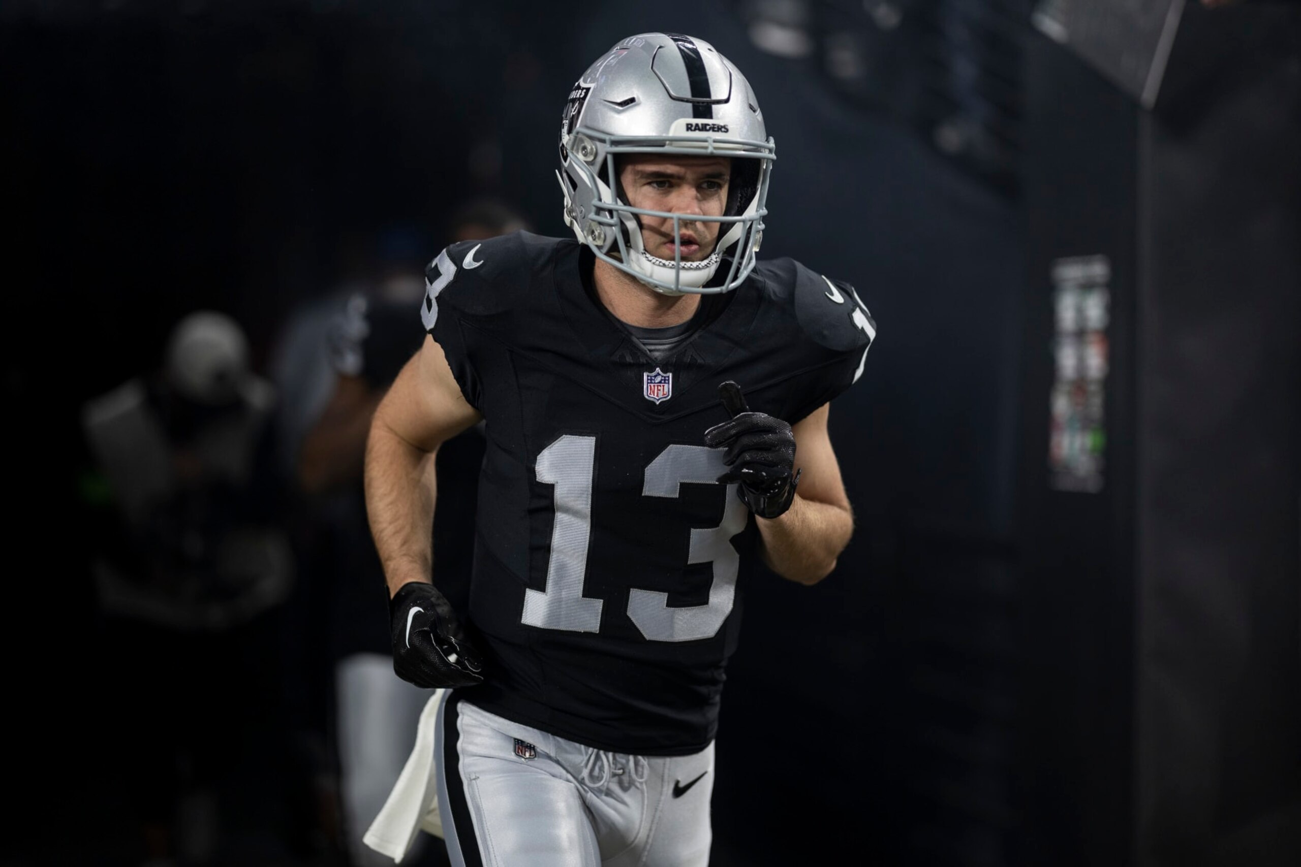 LAS VEGAS, NEVADA - DECEMBER 14: Hunter Renfrow #13 of the Las Vegas Raiders takes the field prior to an NFL football game between the Las Vegas Raiders and the Los Angeles Chargers at Allegiant Stadium on December 14, 2023 in Las Vegas, Nevada. (Photo by Michael Owens/Getty Images)