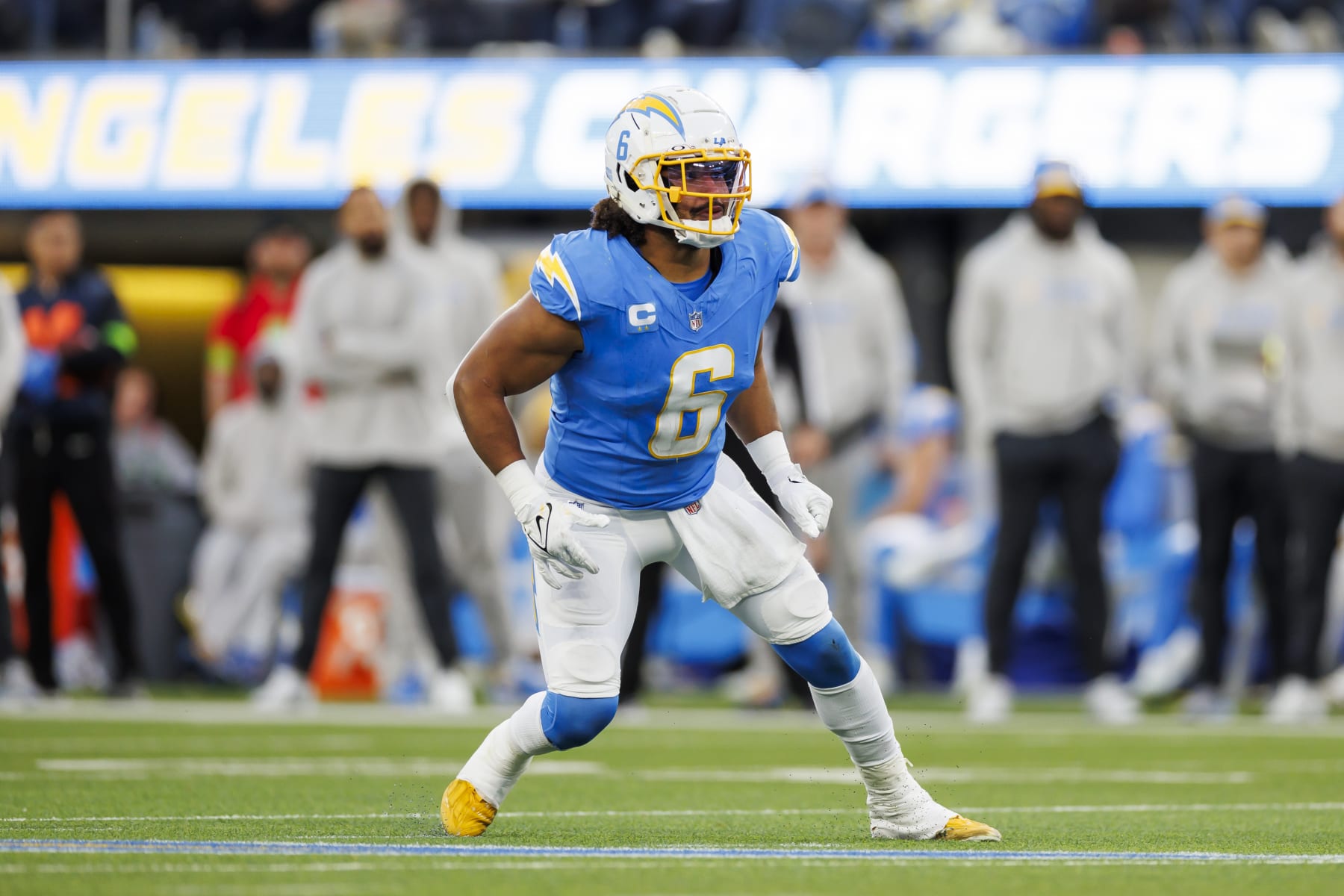 INGLEWOOD, CALIFORNIA - JANUARY 07: Eric Kendricks #6 of the Los Angeles Chargers  defends in coverage during an NFL football game against the Kansas City Chiefs at SoFi Stadium on January 7, 2024 in Inglewood, California. (Photo by Ryan Kang/Getty Images)