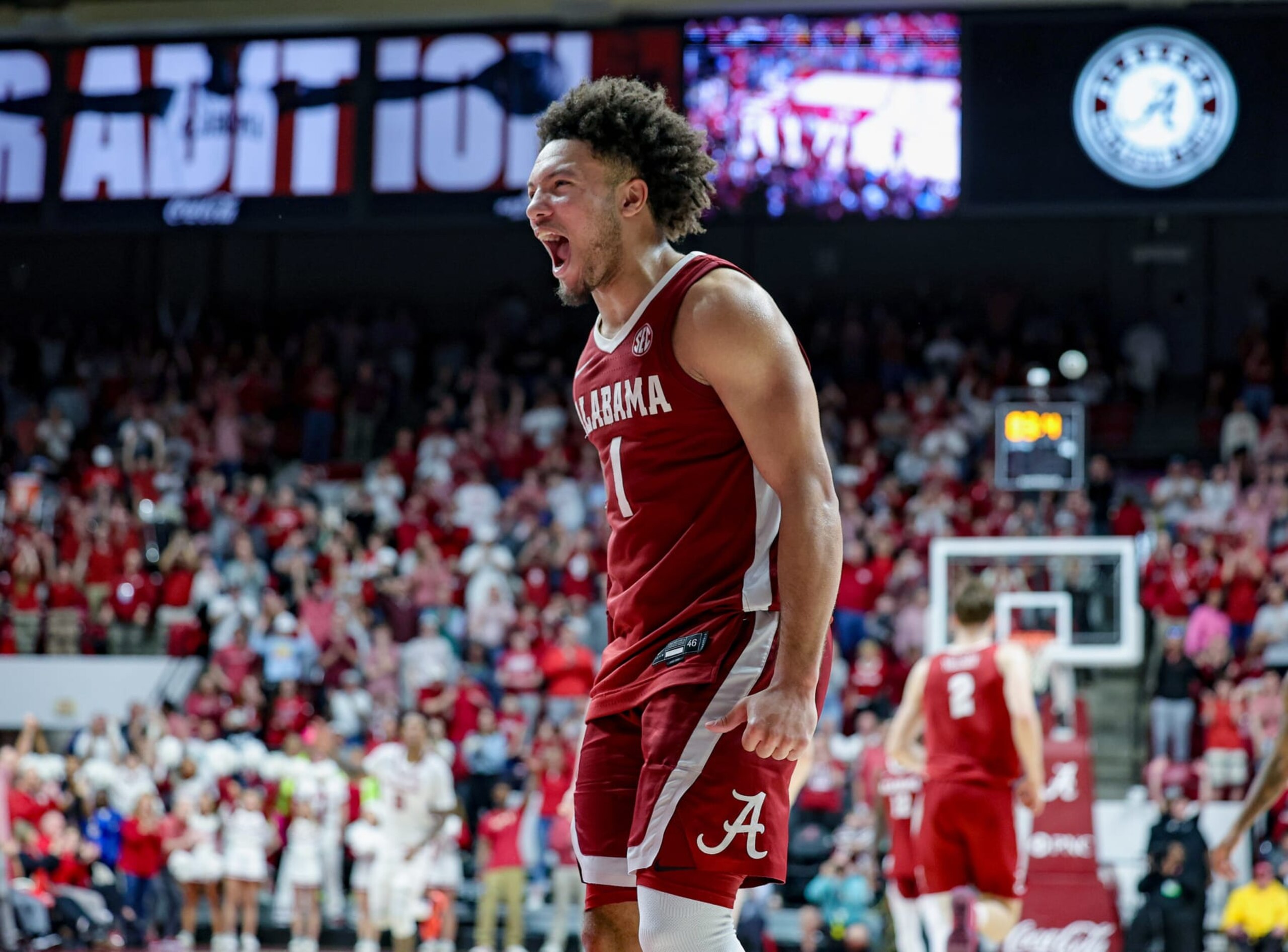 TUSCALOOSA, ALABAMA - MARCH 9: Mark Sears #1 of the Alabama Crimson Tide celebrates and overtime victory over the Arkansas Razorbacks at Coleman Coliseum on March 9, 2024 in Tuscaloosa, Alabama. (Photo by Brandon Sumrall/Getty Images)